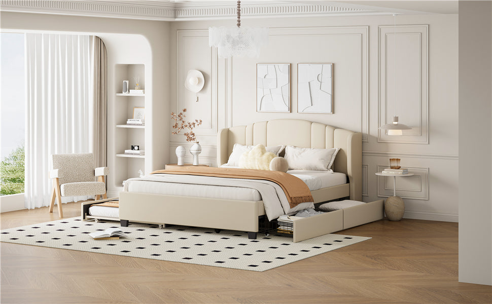 Queen Upholstered Wingback Bed with Twin Trundle & 2 Drawers — [variant:N854S427452A] Beige image 9