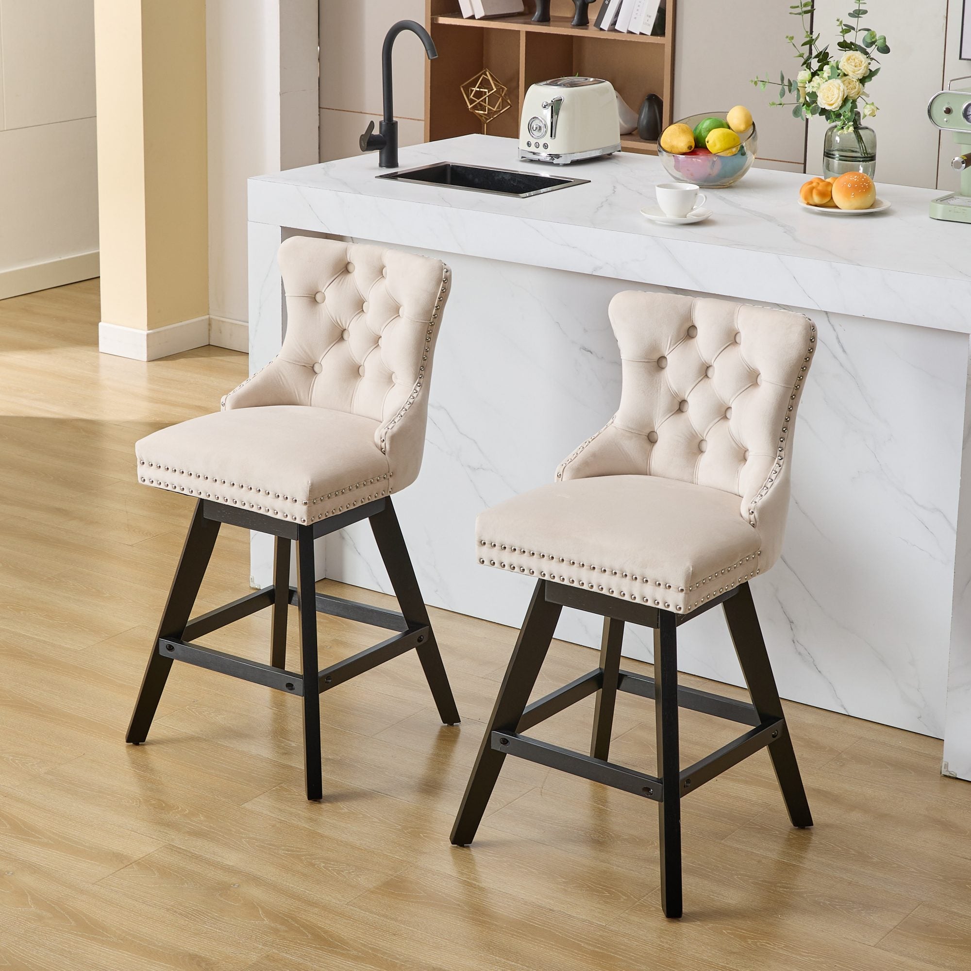 [variant:W5755P512968] Set of 2 Beige Velvet Swivel Bar Stools image 15