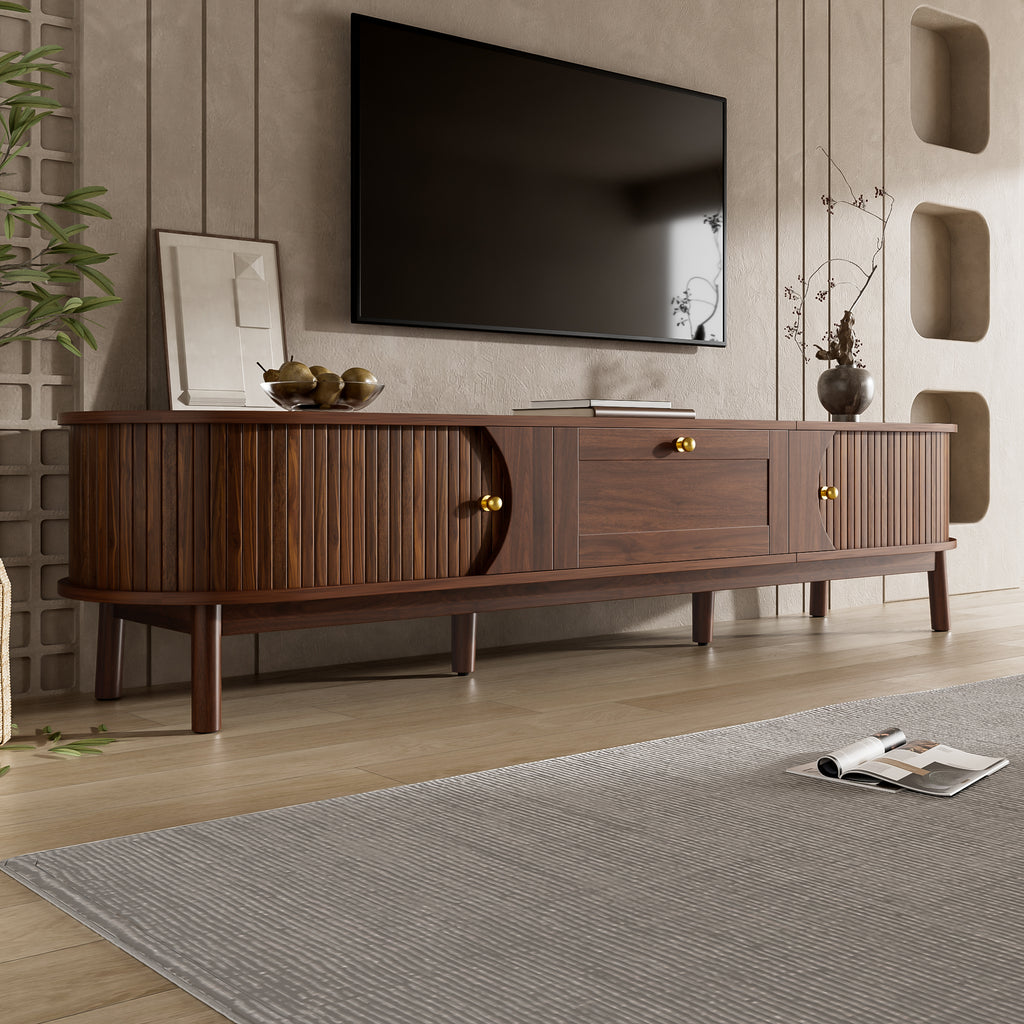 [variant:N875P452044N] Walnut TV Stand with Sliding Doors – 67-Inch image 1