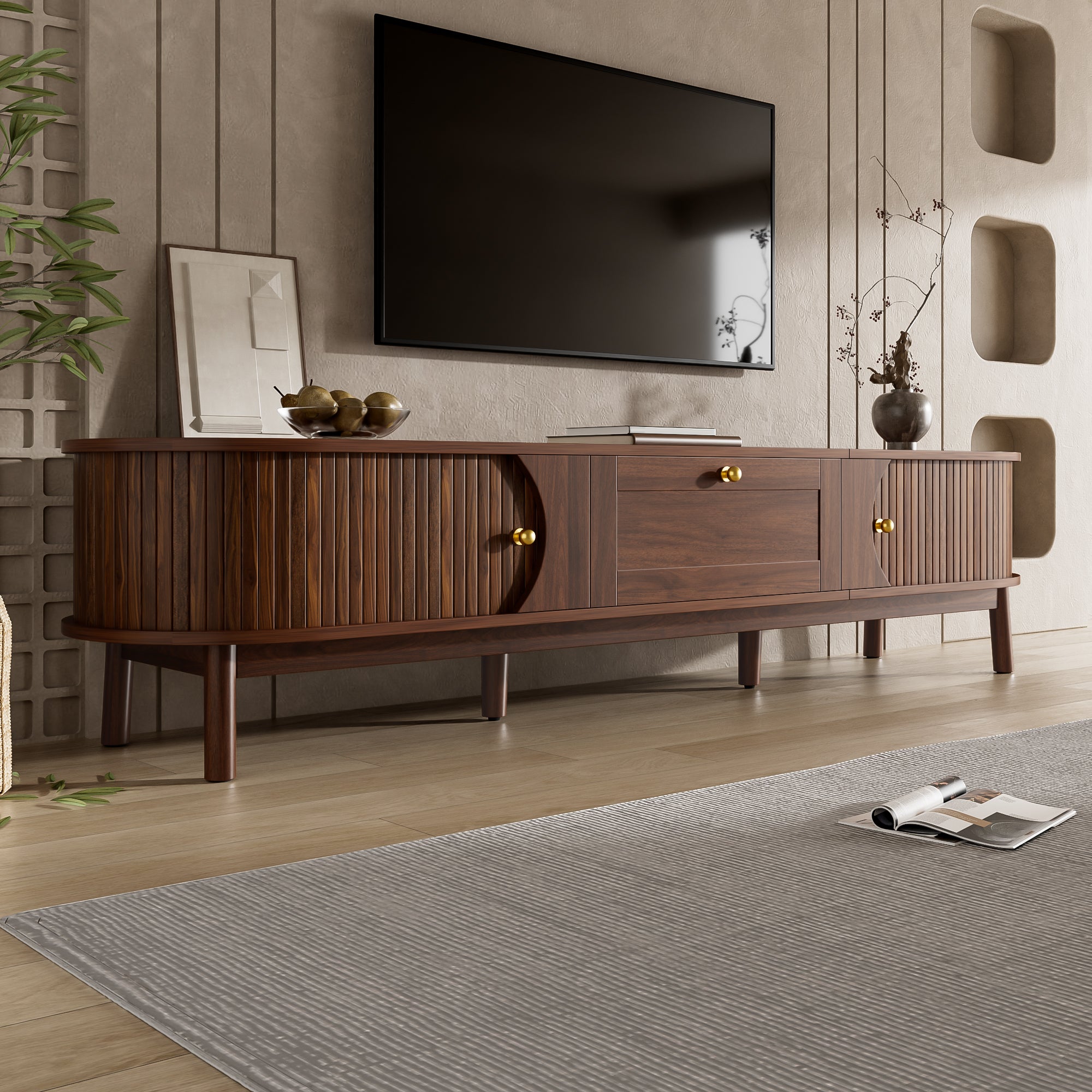 [variant:N875P452044N] Walnut TV Stand with Sliding Doors – 67-Inch image 1