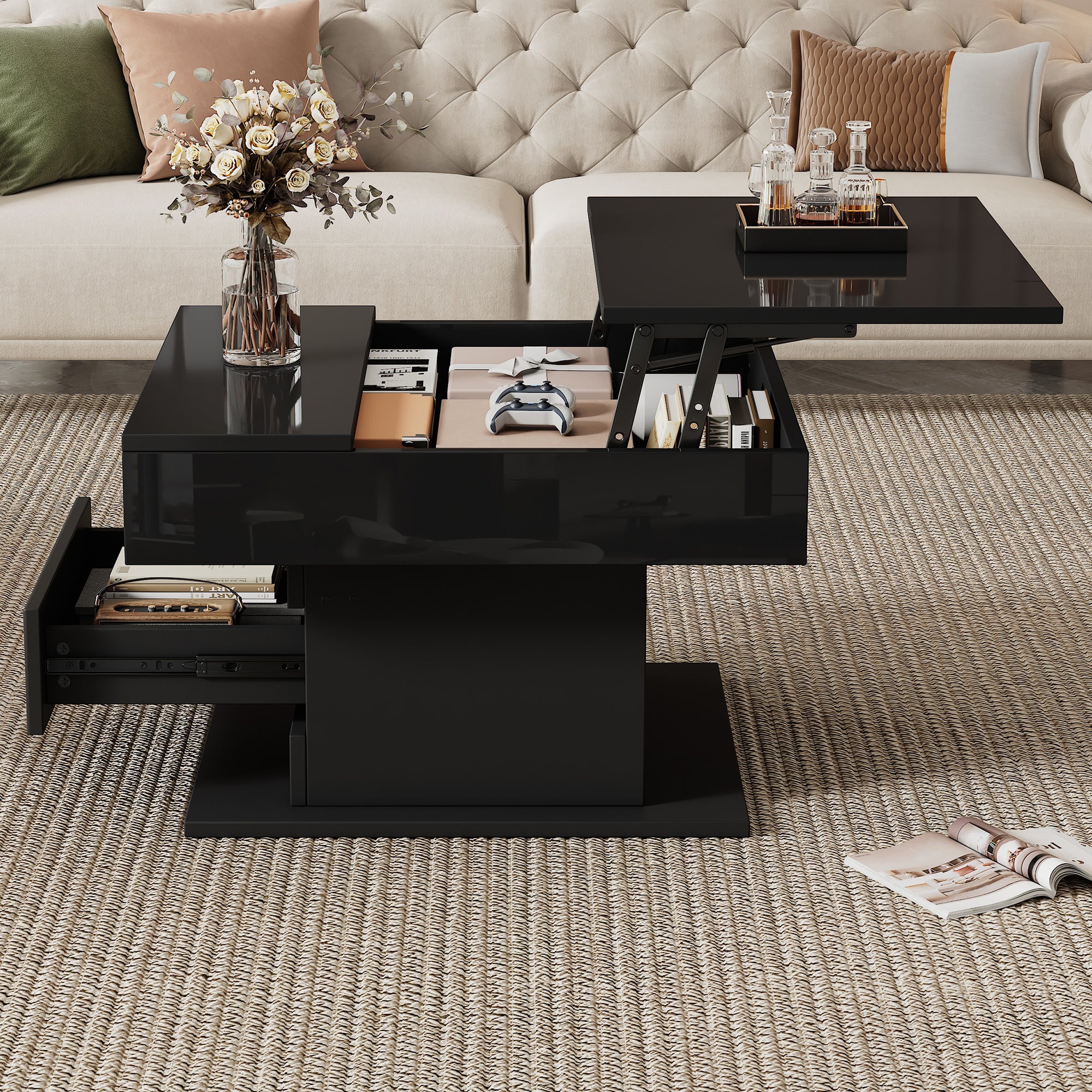 [variant:N892P423296B] Black 360° Rotating Lift-Top Coffee Table image 5