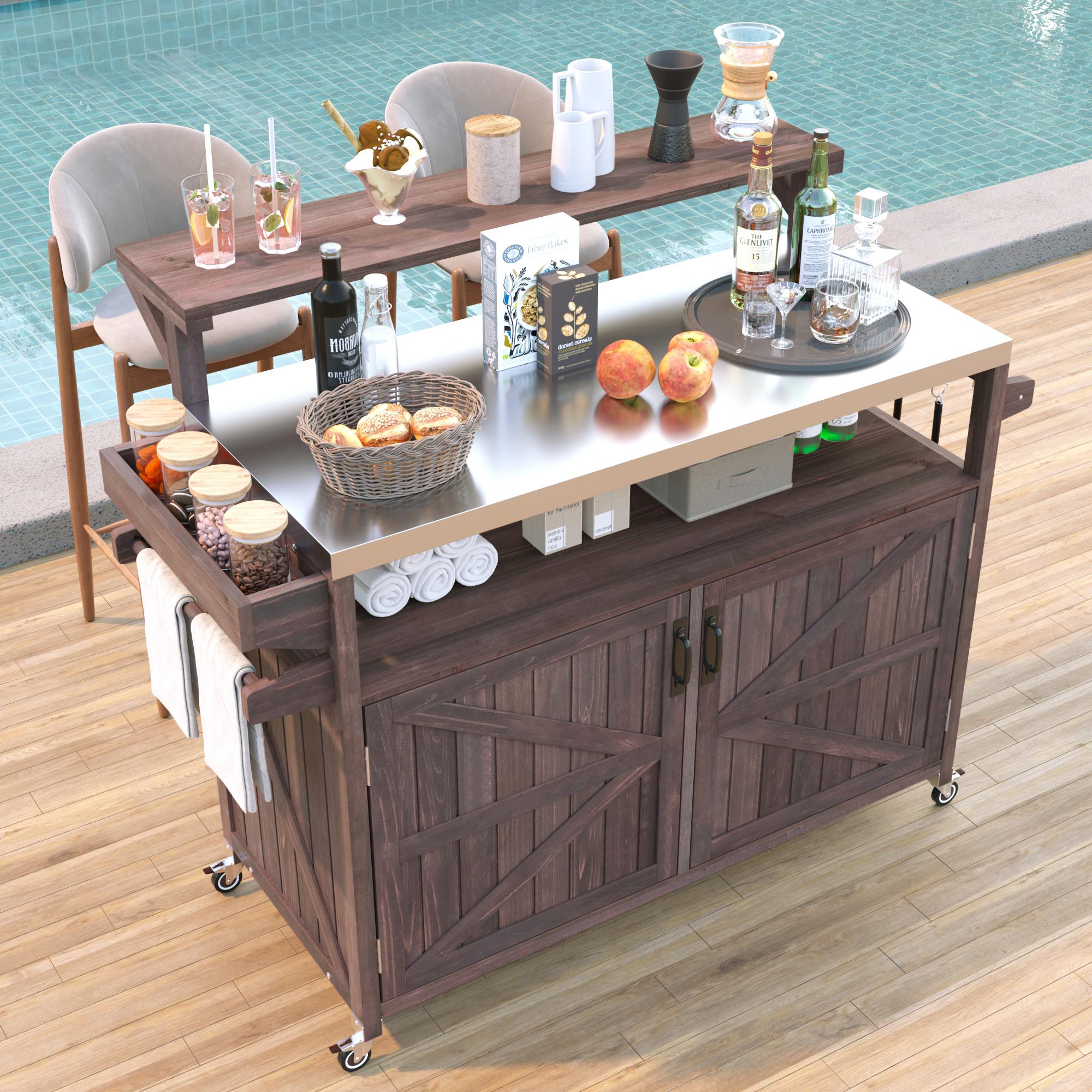[variant:N853P386135Z] Outdoor Grill Cart with Raised Shelf – Dark Brown, 53.3-Inch image 1