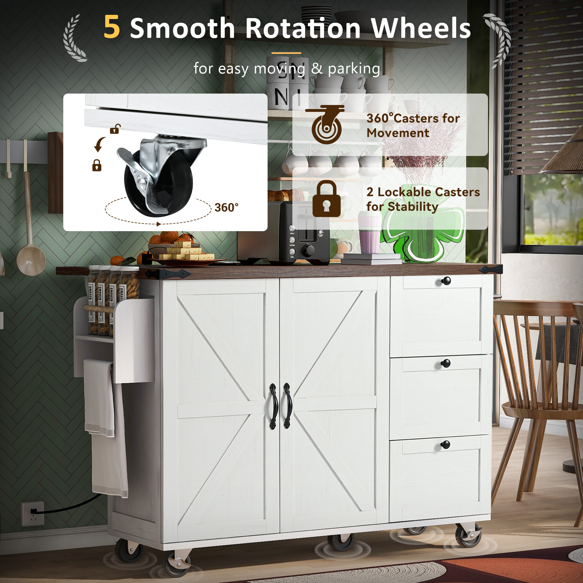 [variant:N853P379579W] Farmhouse Rolling Kitchen Island with Drop Leaf – White, 54.5-Inch image 31