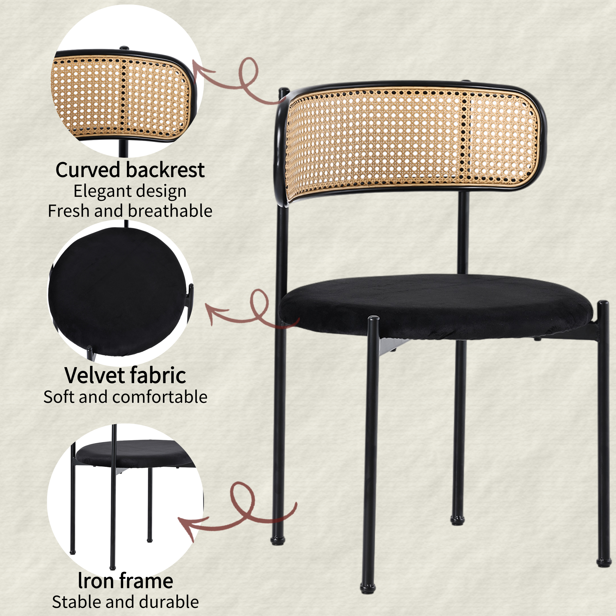 [variant:N859P374642S] Set of 4 Modern Black Velvet Dining Chairs image 6