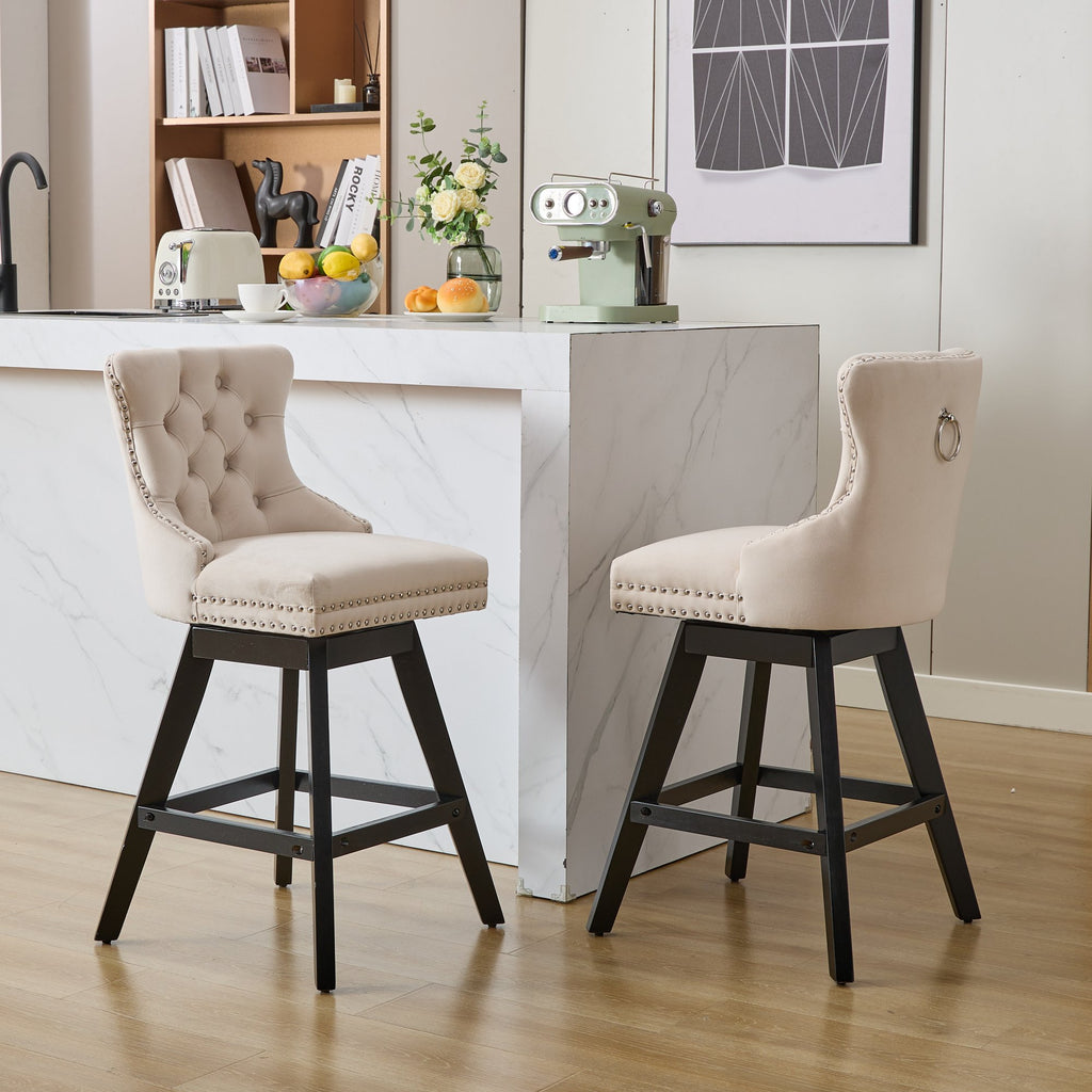 [variant:W5755P512968] Set of 2 Beige Velvet Swivel Bar Stools image 1