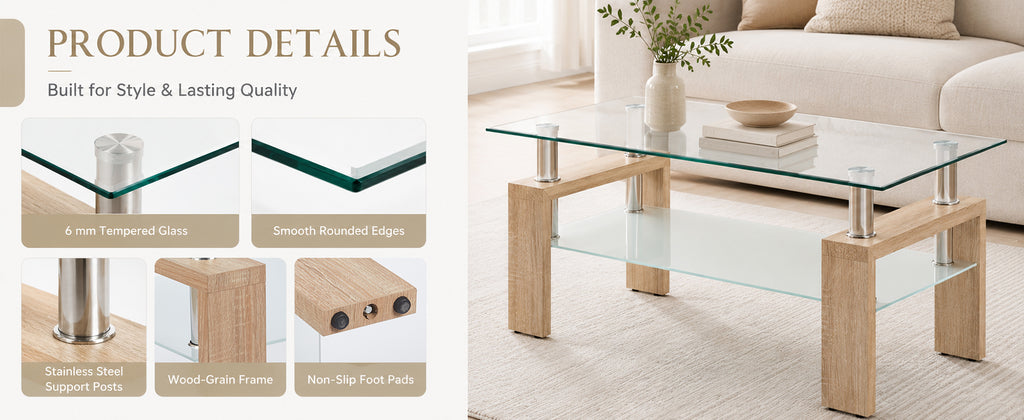 Modern Tempered Glass Coffee Table – Natural or Black — [variant:W3738P364267] Natural image 9
