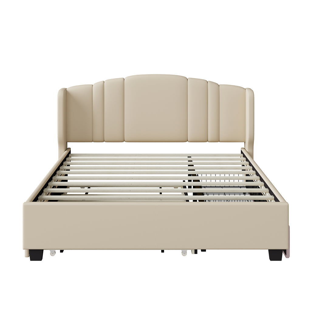 Queen Upholstered Wingback Bed with Twin Trundle & 2 Drawers — [variant:N854S427452A] Beige image 3