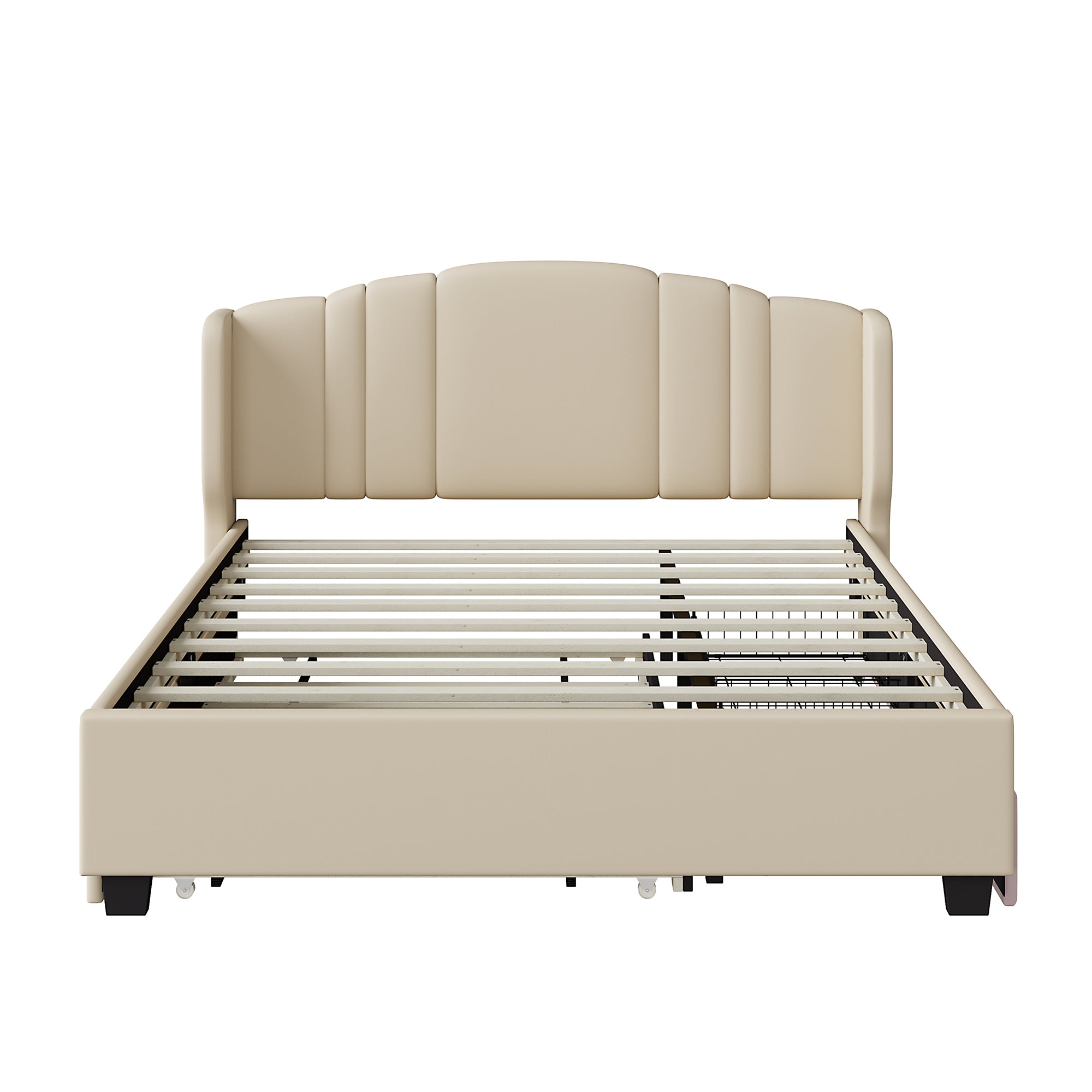 Queen Upholstered Wingback Bed with Twin Trundle & 2 Drawers — [variant:N854S427452A] Beige image 3