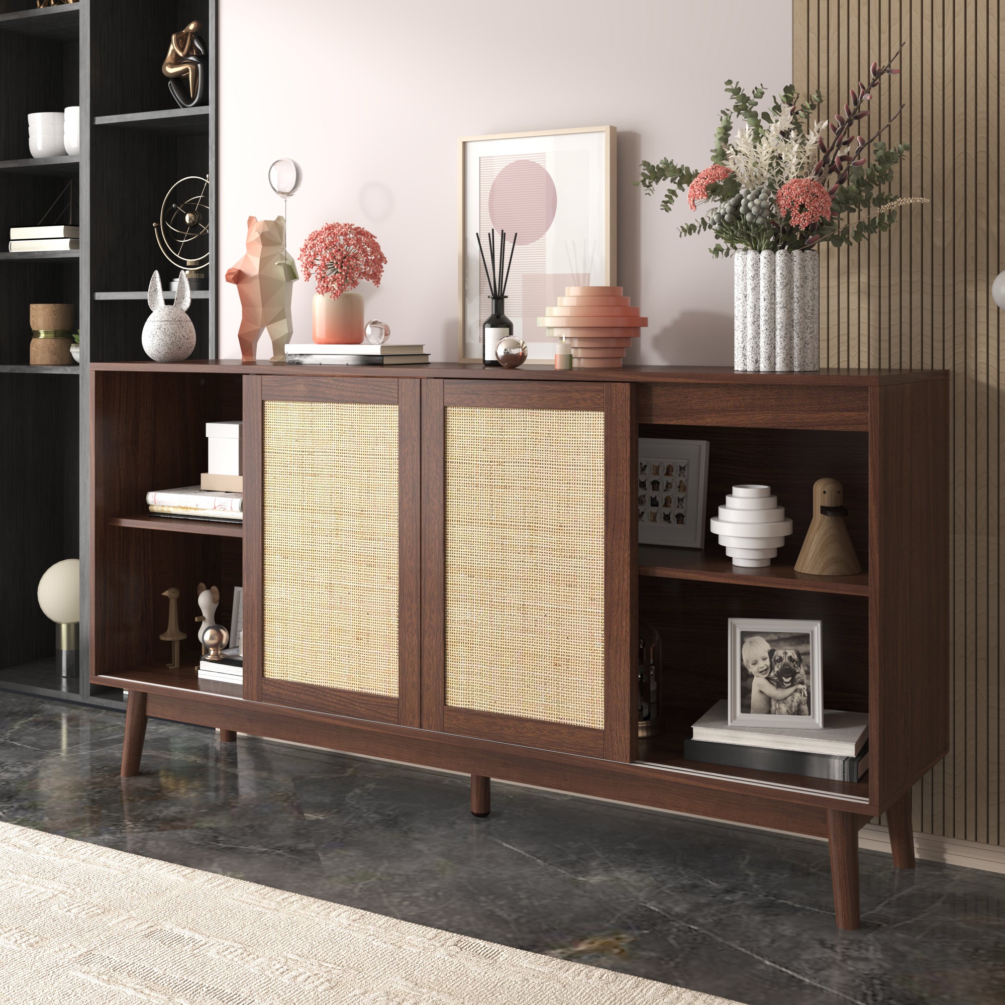 Rattan 3-Door Sideboard with 2 Drawers — [variant:GA0004N] Wood image 3