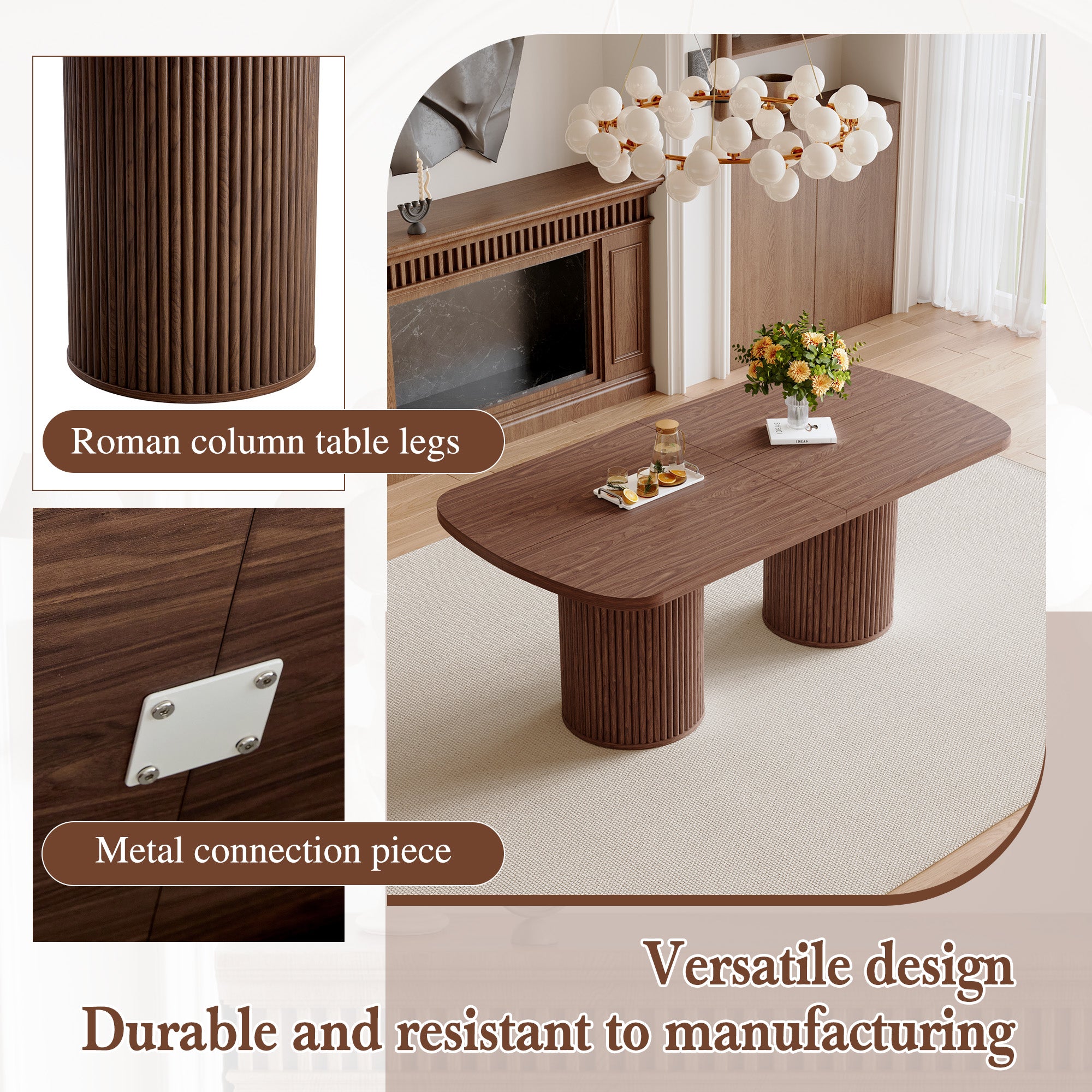 [variant:W3806S00019] Walnut Roman-Column Dining Table – 78.7-Inch image 7