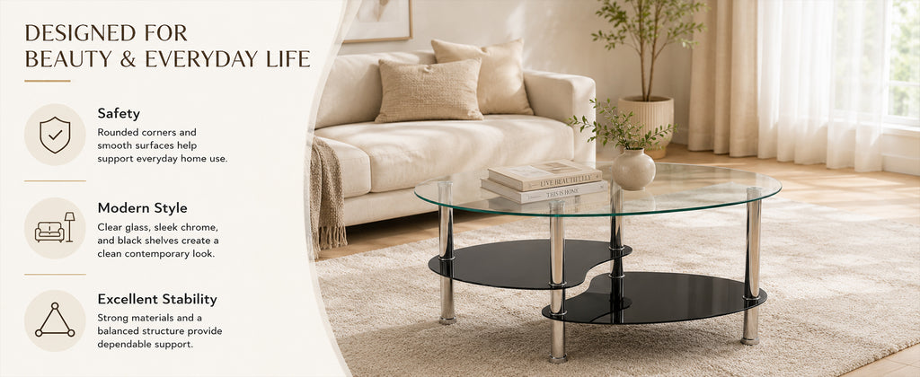 2-Tier Oval Tempered Glass Coffee Table — [variant:W3738P499151] Black,Transparent image 11