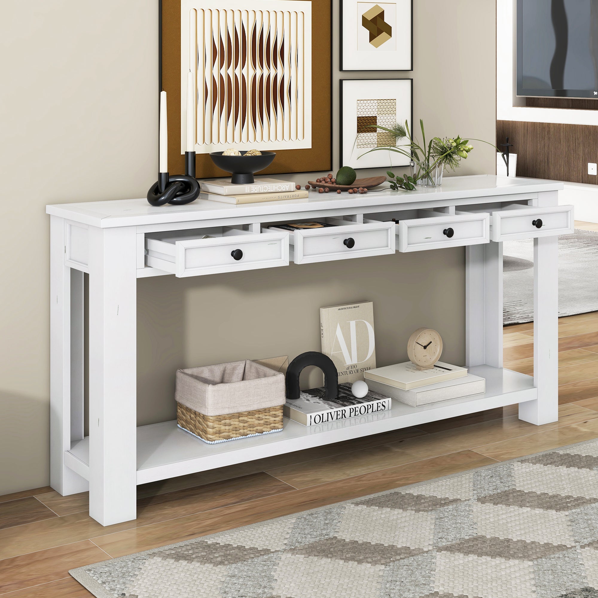 [variant:N852P245606K] Console Table with Drawers & Bottom Shelf – Antique White image 8