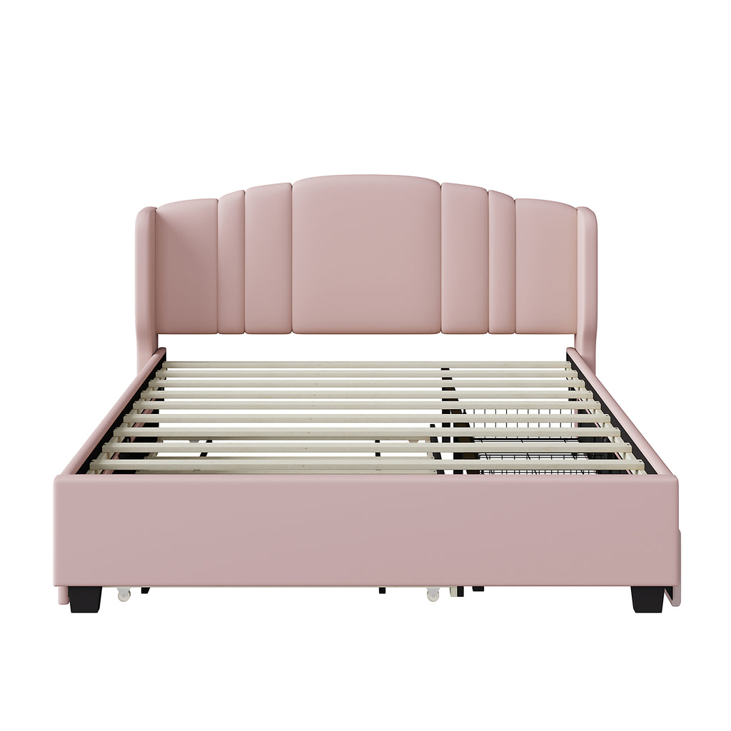 Queen Upholstered Wingback Bed with Twin Trundle & 2 Drawers — [variant:N854S427452H] Pink image 3