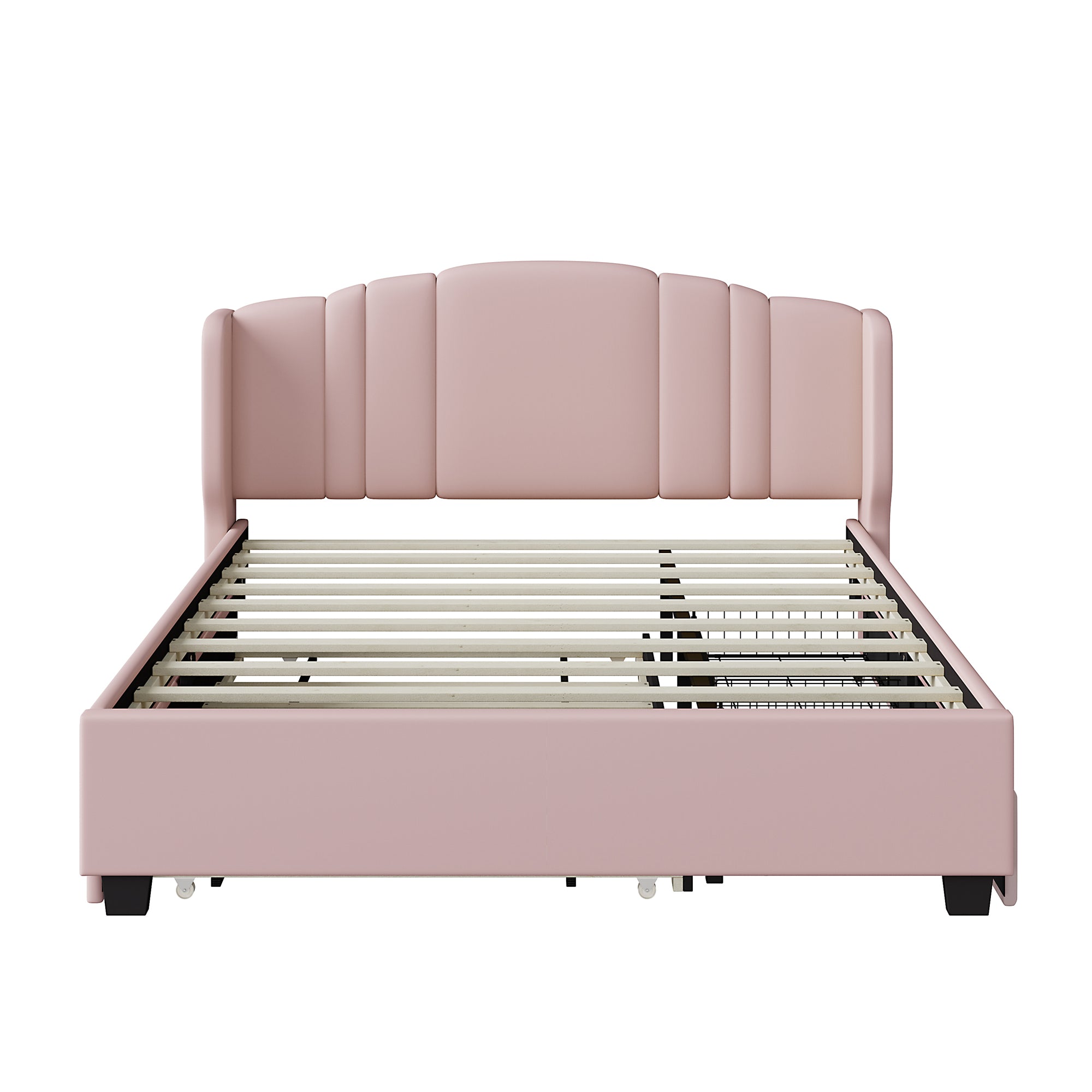 Queen Upholstered Wingback Bed with Twin Trundle & 2 Drawers — [variant:N854S427452H] Pink image 3