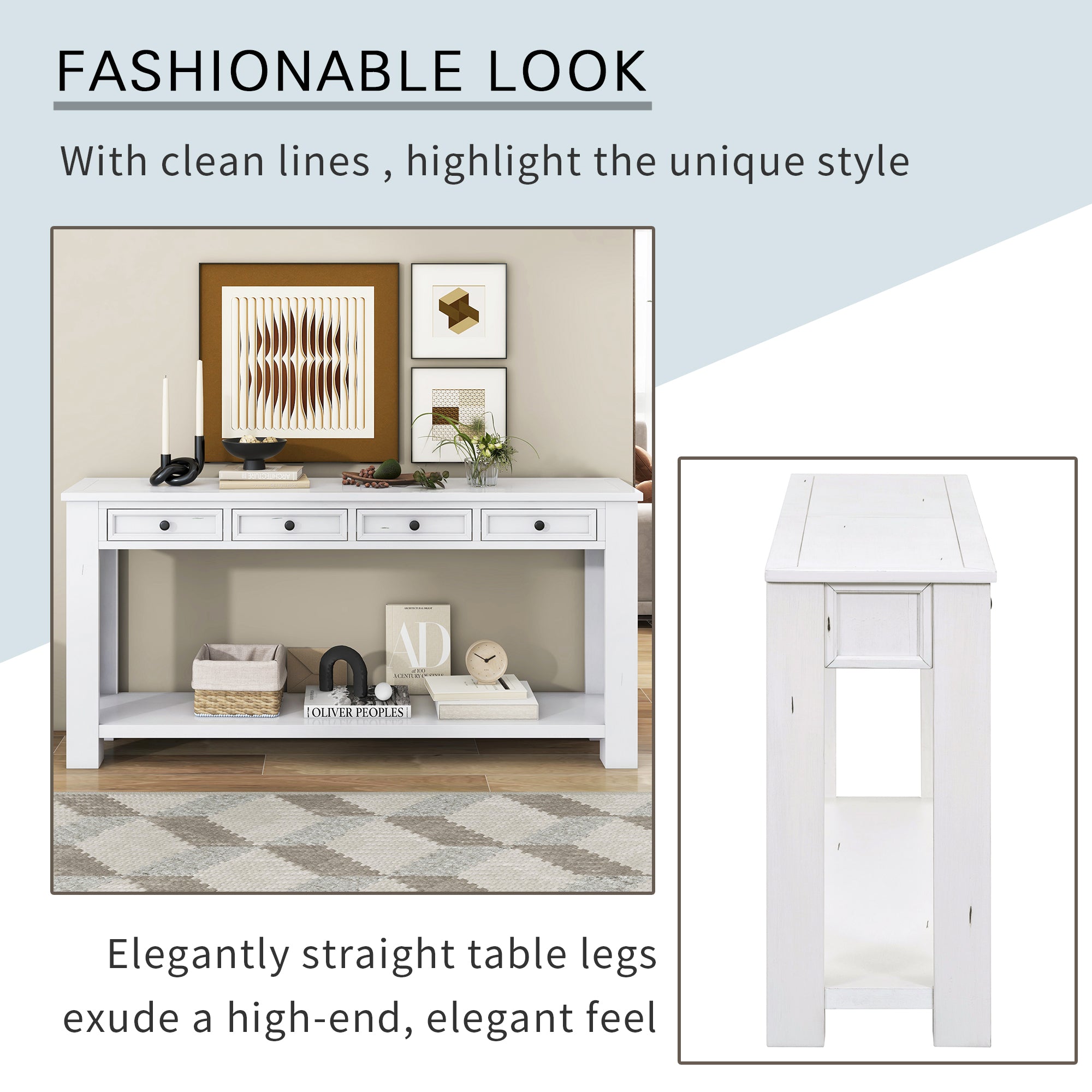 [variant:N852P245606K] Console Table with Drawers & Bottom Shelf – Antique White image 12