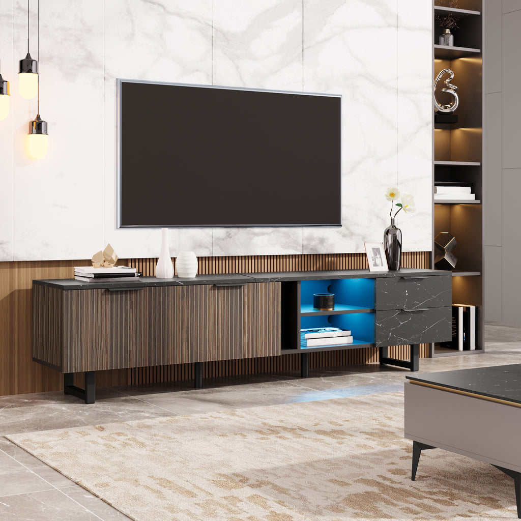 [variant:GA0010N] LED TV Stand with 2 Doors and 2 Drawers – Black Marble and Wood Grain image 16