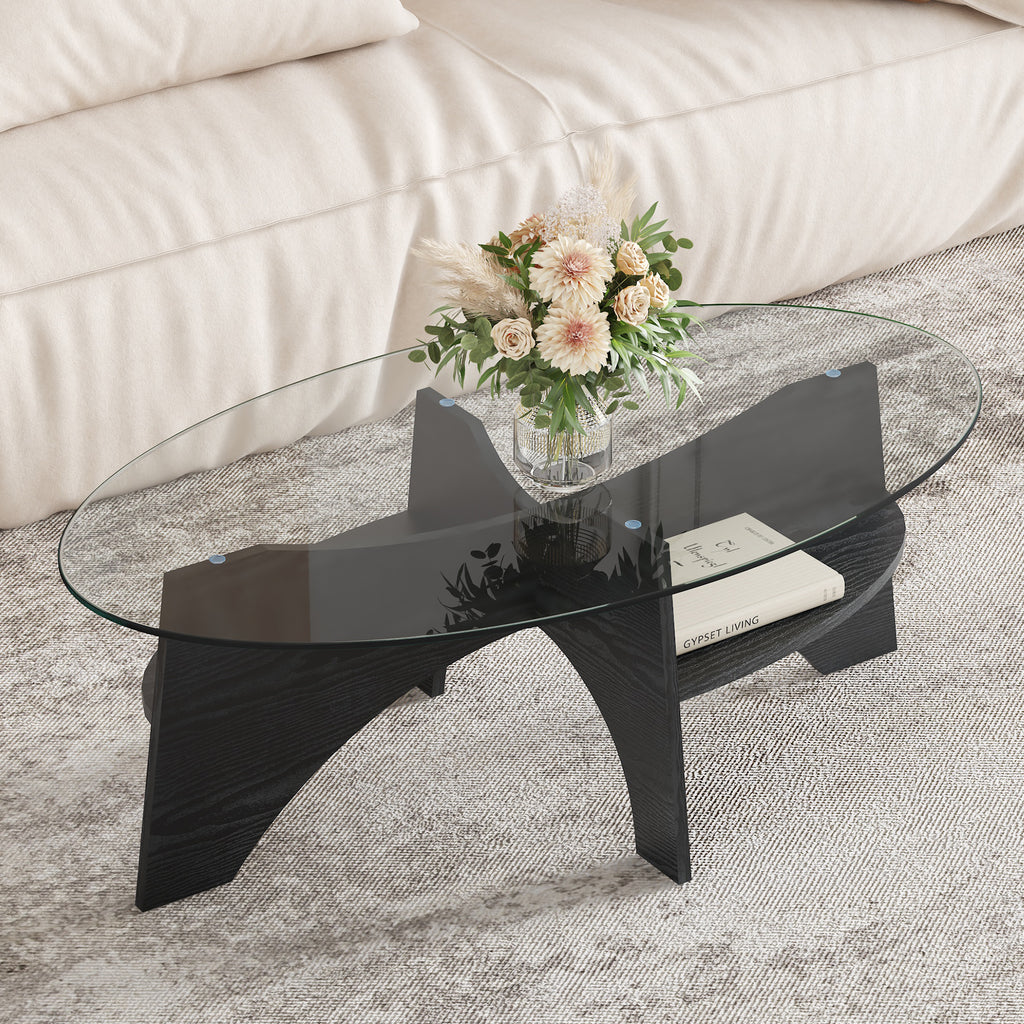 [variant:W3806P404727] Oval Glass Coffee Table with Black Fan-Shaped Base image 2
