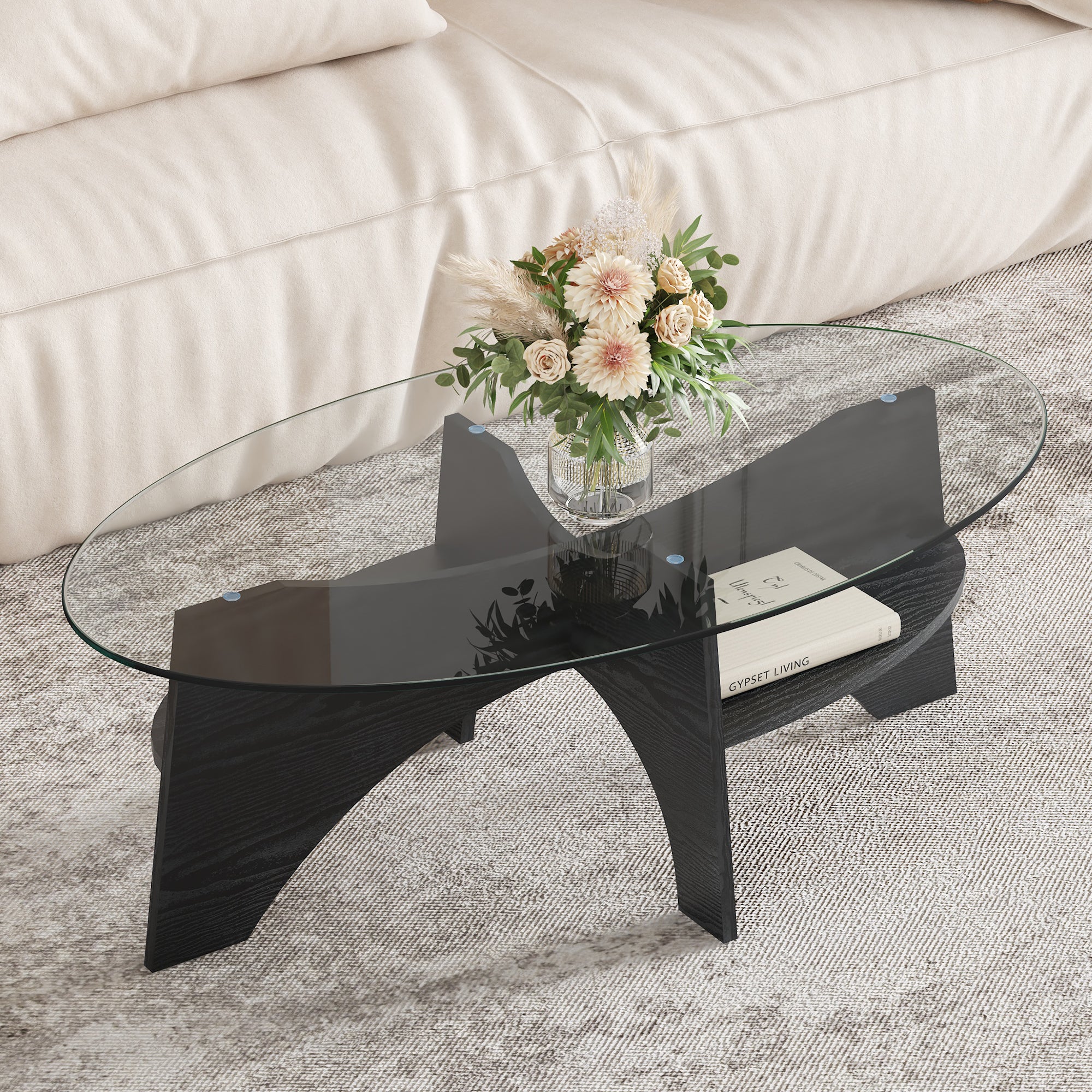 [variant:W3806P404727] Oval Glass Coffee Table with Black Fan-Shaped Base image 2