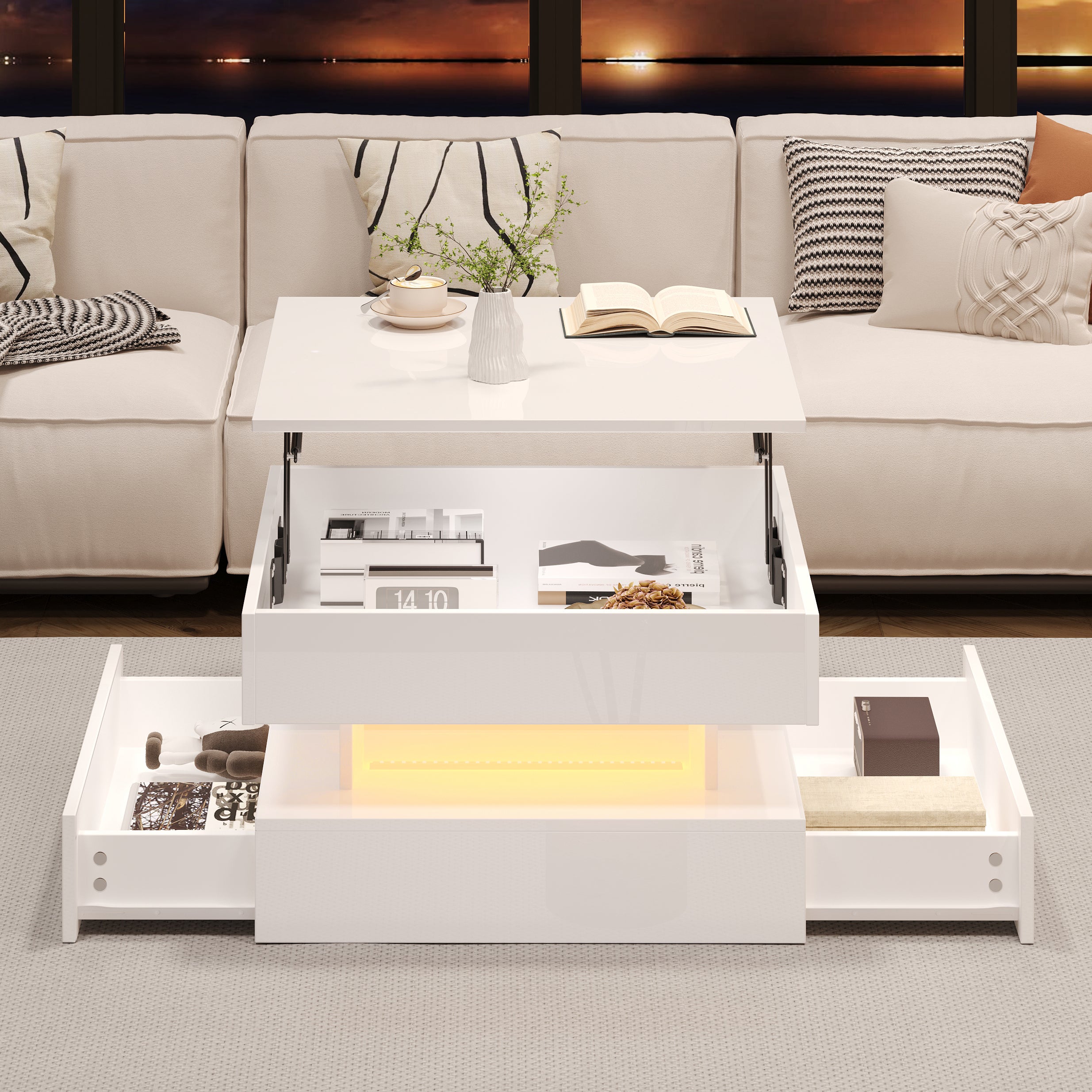 [variant:N892P407973W] White Lift-Top LED Coffee Table with 2 Drawers image 26