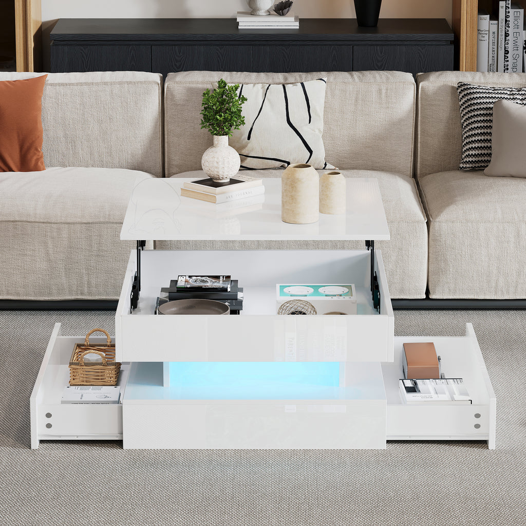 [variant:N892P407973W] White Lift-Top LED Coffee Table with 2 Drawers image 1