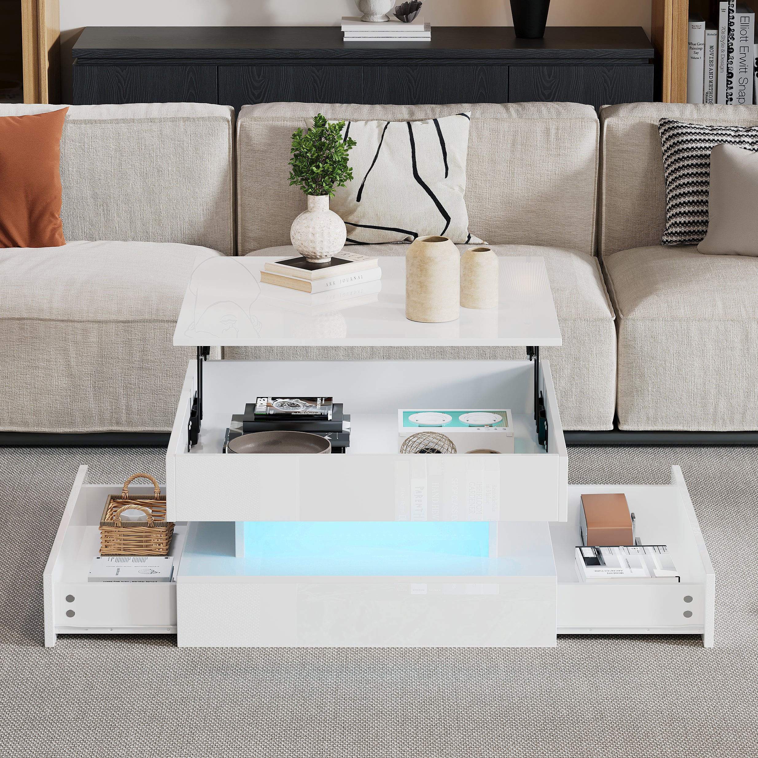 [variant:N892P407973W] White Lift-Top LED Coffee Table with 2 Drawers image 1