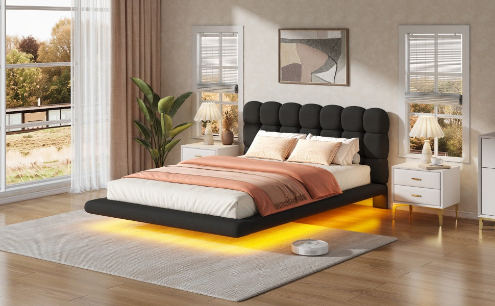 [variant:HS451577AAB] Queen LED Floating Bouclé Platform Bed – Black image 23