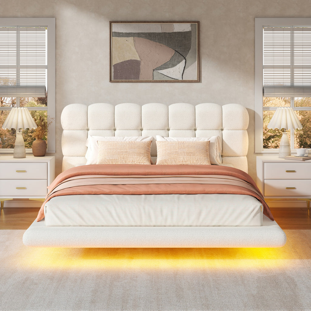 [variant:HS451577AAK] Queen LED Floating Bouclé Platform Bed – Cream White image 1