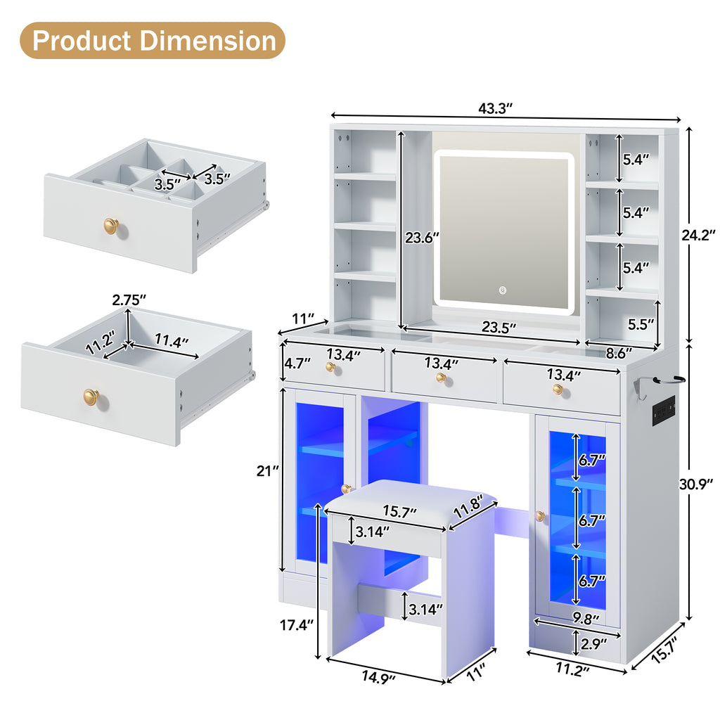 [variant:N881S436339W] Makeup Vanity with RGB Mirror and Power Outlet – 43-Inch image 7