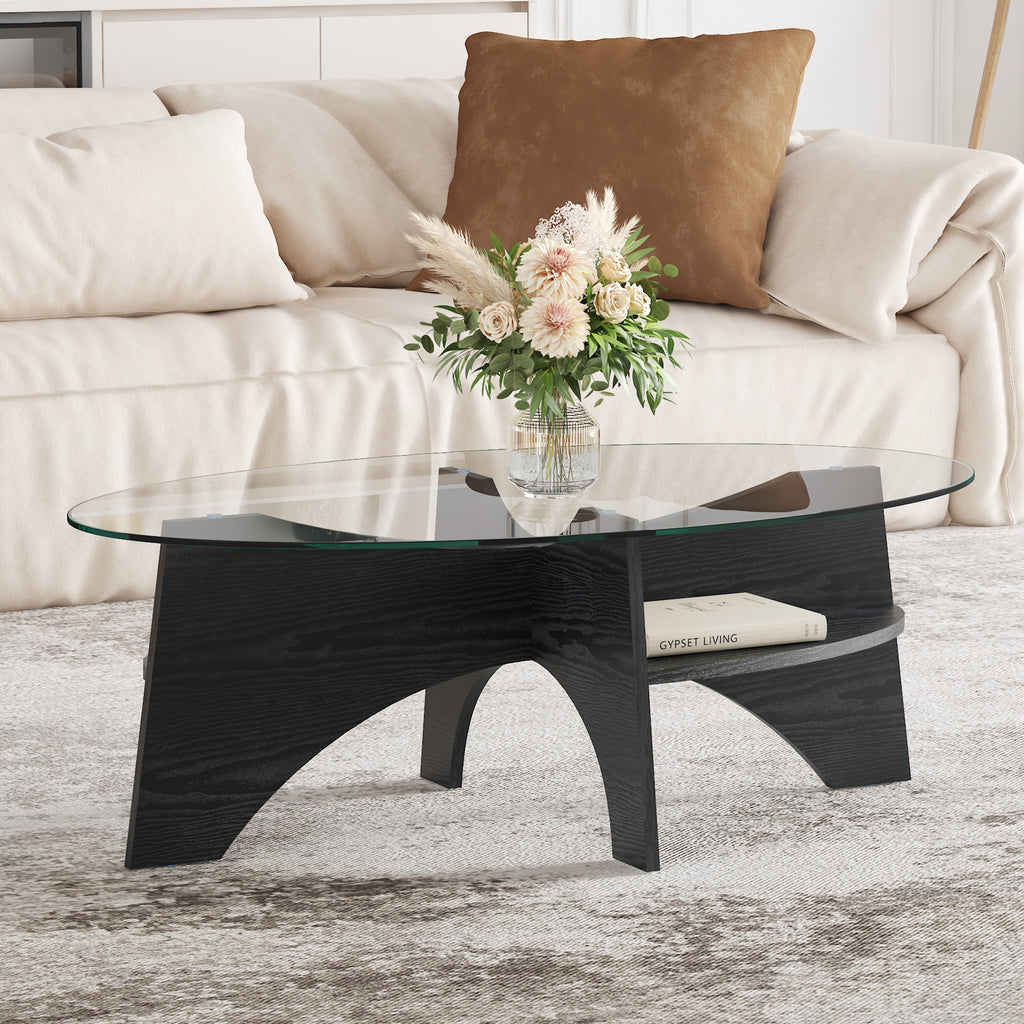[variant:W3806P404727] Oval Glass Coffee Table with Black Fan-Shaped Base image 4
