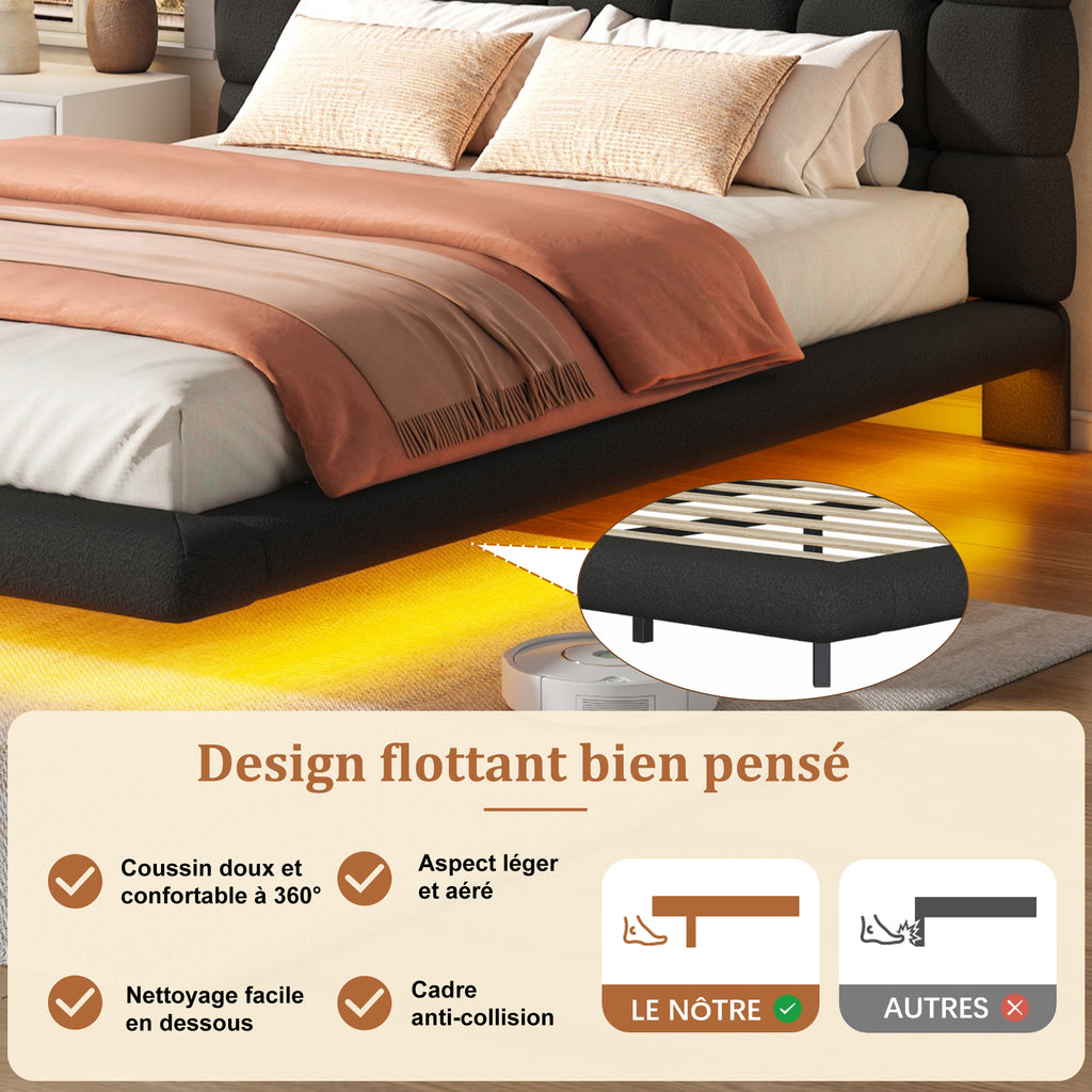 [variant:HS451577AAB] Queen LED Floating Bouclé Platform Bed – Black image 10