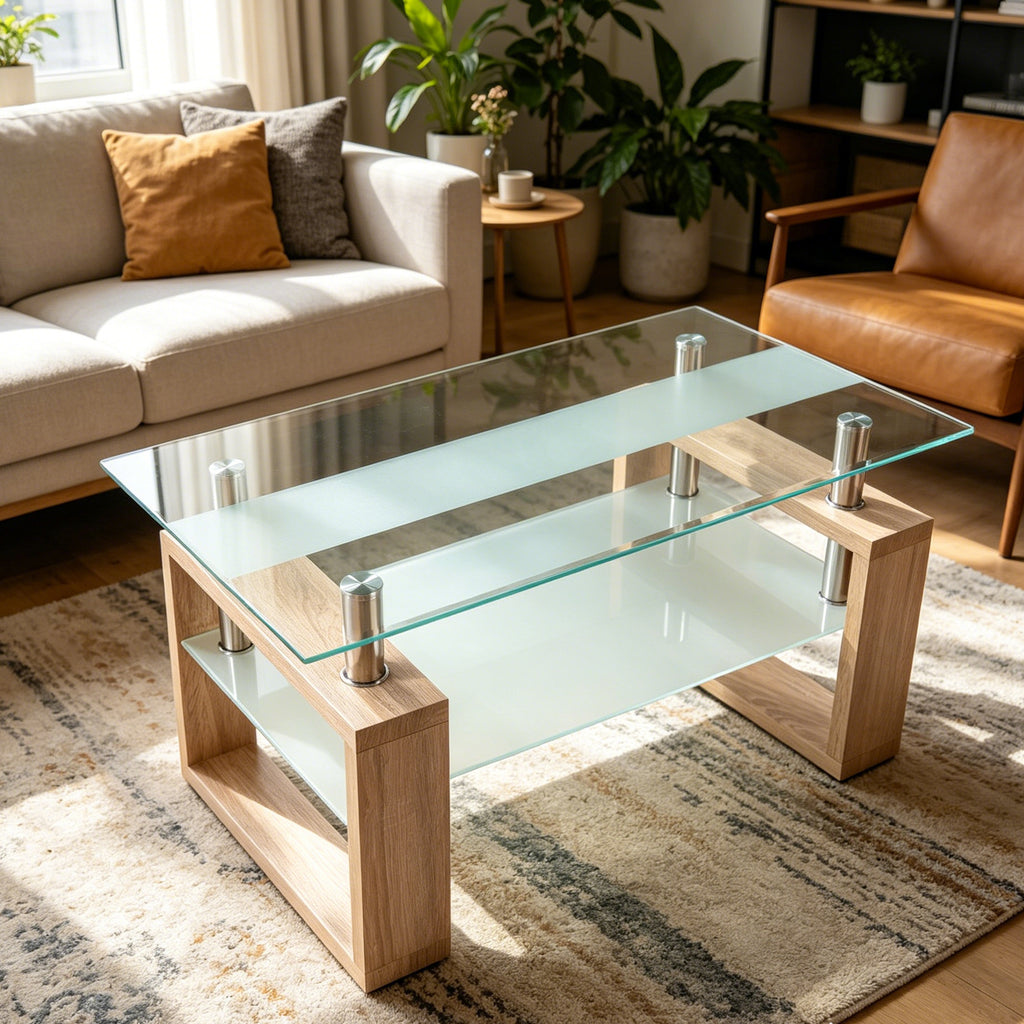 2-Tier Rectangular Tempered Glass Coffee Table — [variant:W3738P499156] Natural,Transparent image 7