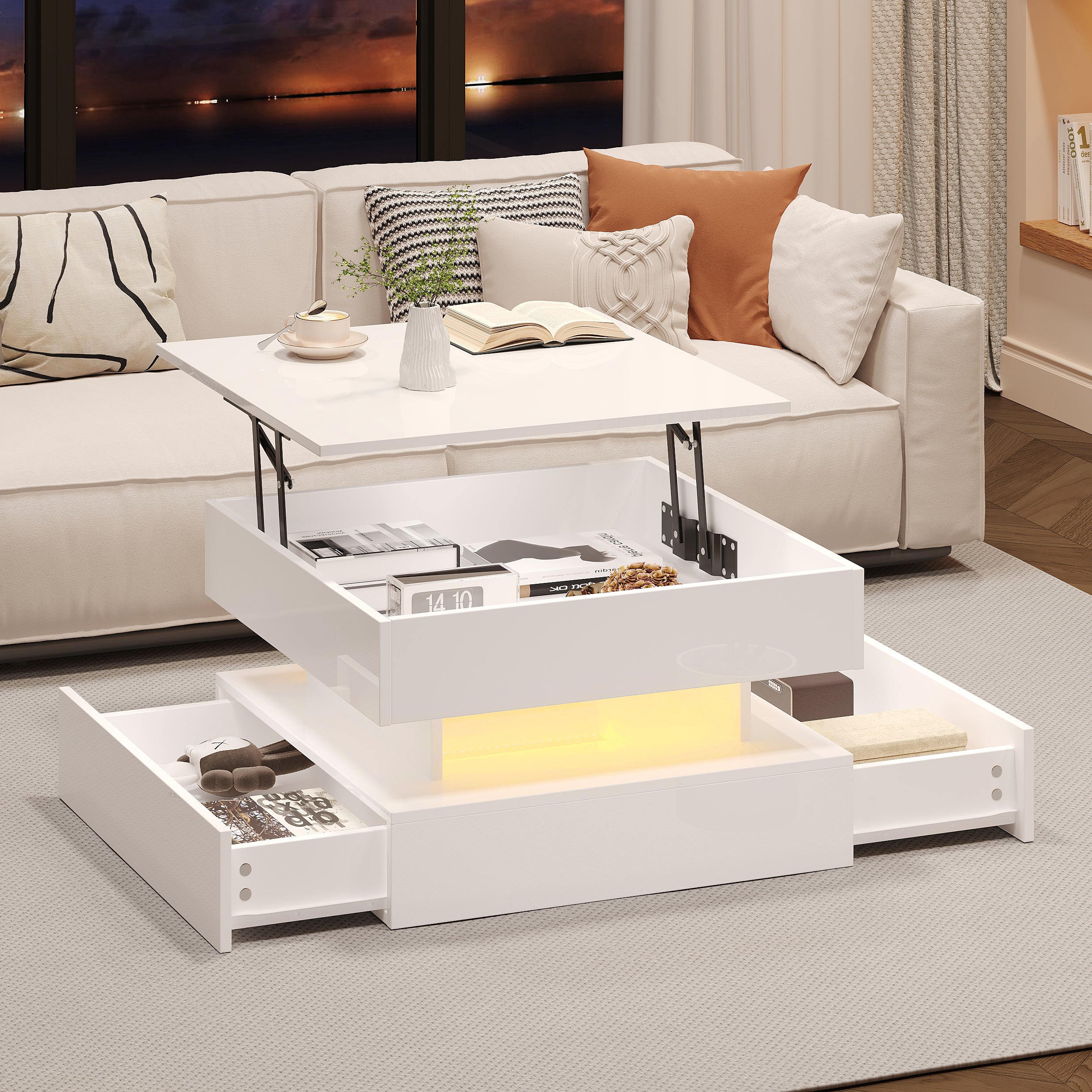 [variant:N892P407973W] White Lift-Top LED Coffee Table with 2 Drawers image 25