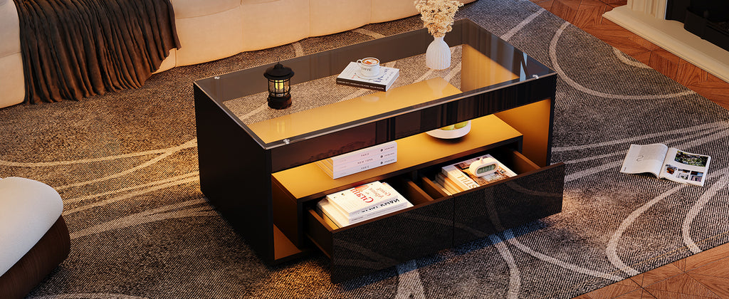 [variant:N892P428787B] High-Gloss LED Coffee Table with Glass Top and Drawers image 24
