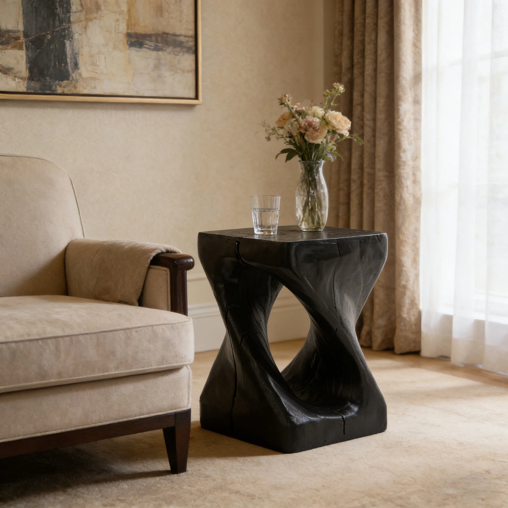Twisted Wood-Look Indoor/Outdoor Side Table — [variant:N911P479287B] Black image 5