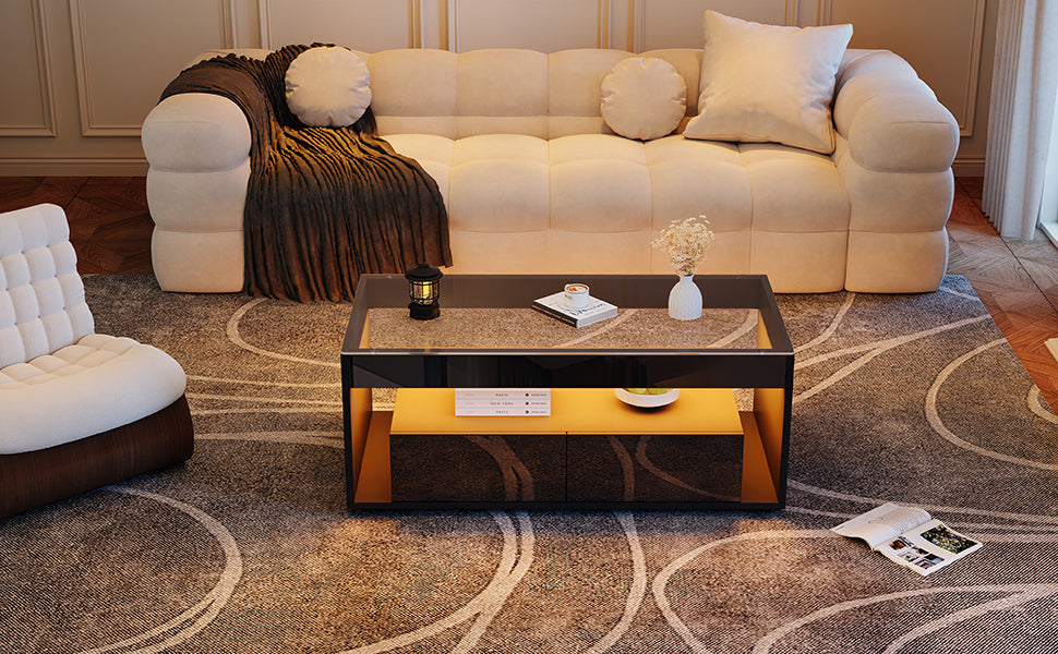 [variant:N892P428787B] High-Gloss LED Coffee Table with Glass Top and Drawers image 5