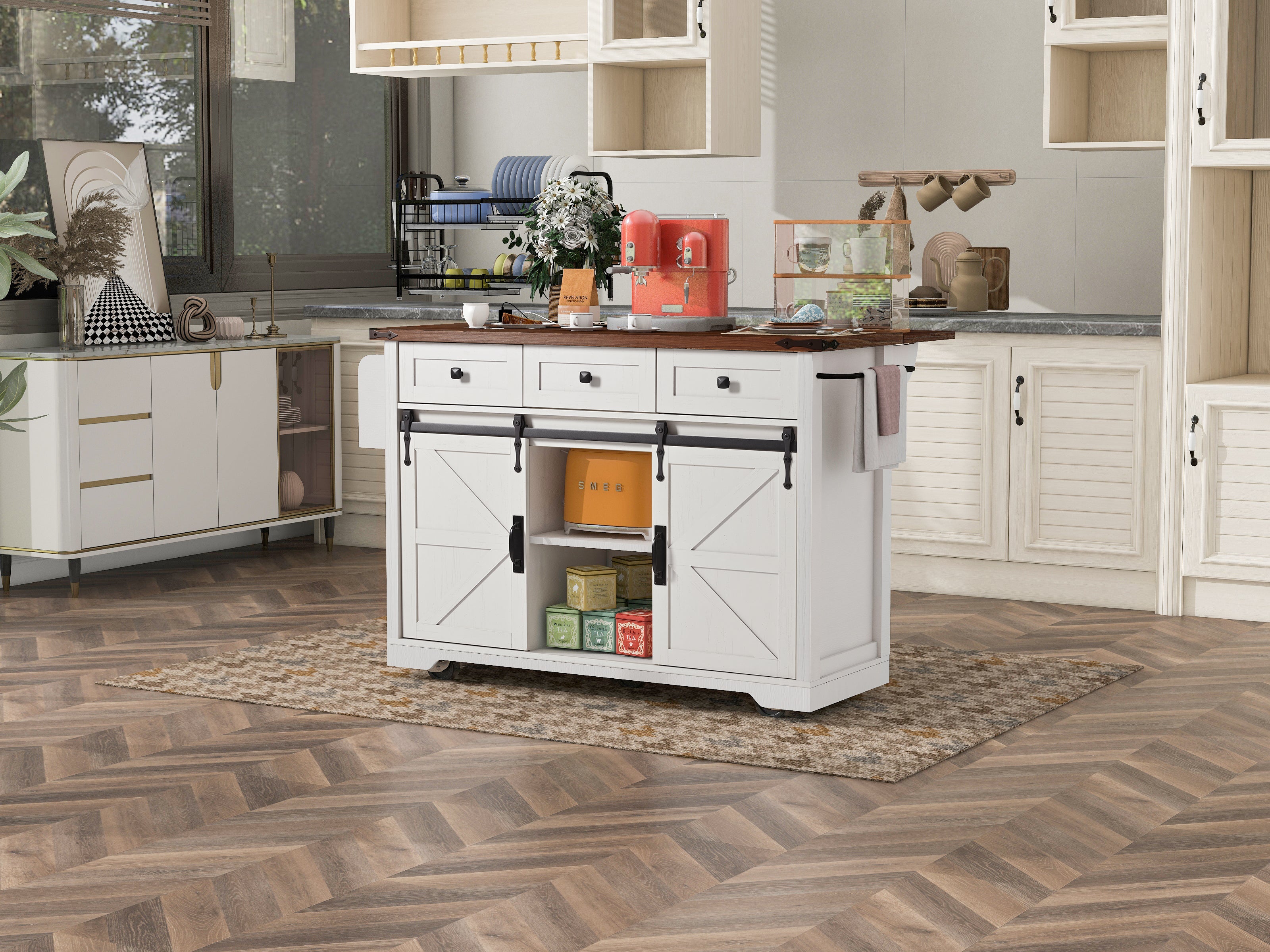 [variant:N853S379573W] Farmhouse Kitchen Island with Drop Leaf, Power Outlet and Sliding Barn Doors – 53.75-Inch image 13