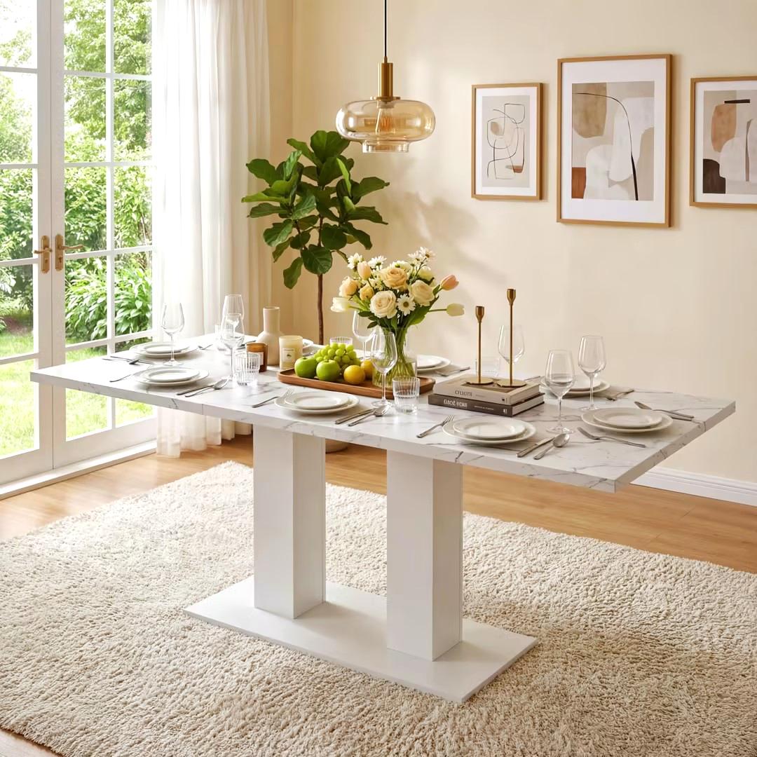 White Marble-Look Dining Table – 71-Inch — [variant:N859P472973W] White Marble image 5
