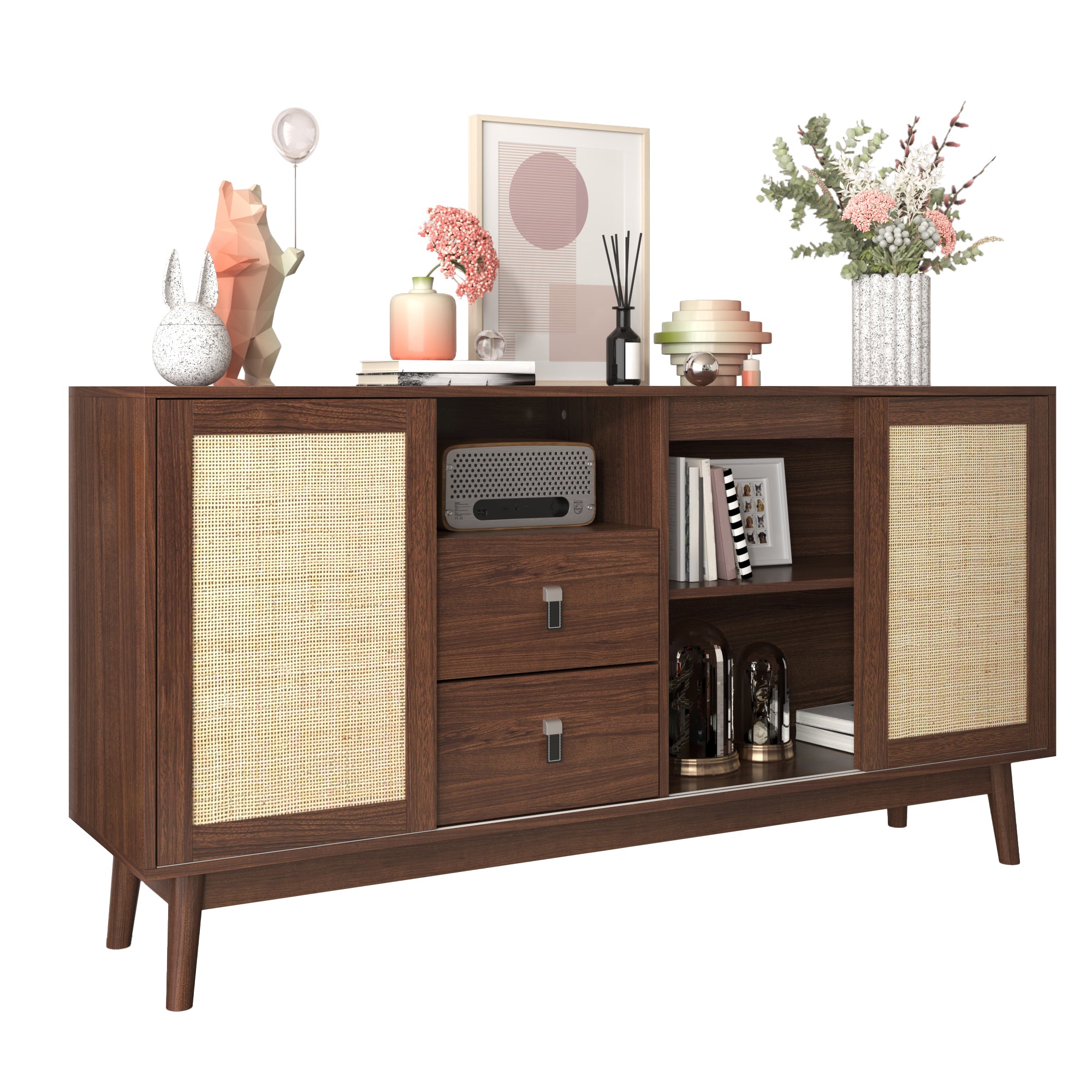 [variant:GA0004N] Rattan 3-Door Sideboard with 2 Drawers – Wood image 1