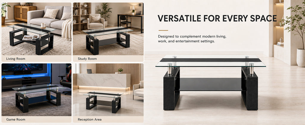 2-Tier Rectangular Tempered Glass Coffee Table — [variant:W3738P499155] Black image 10