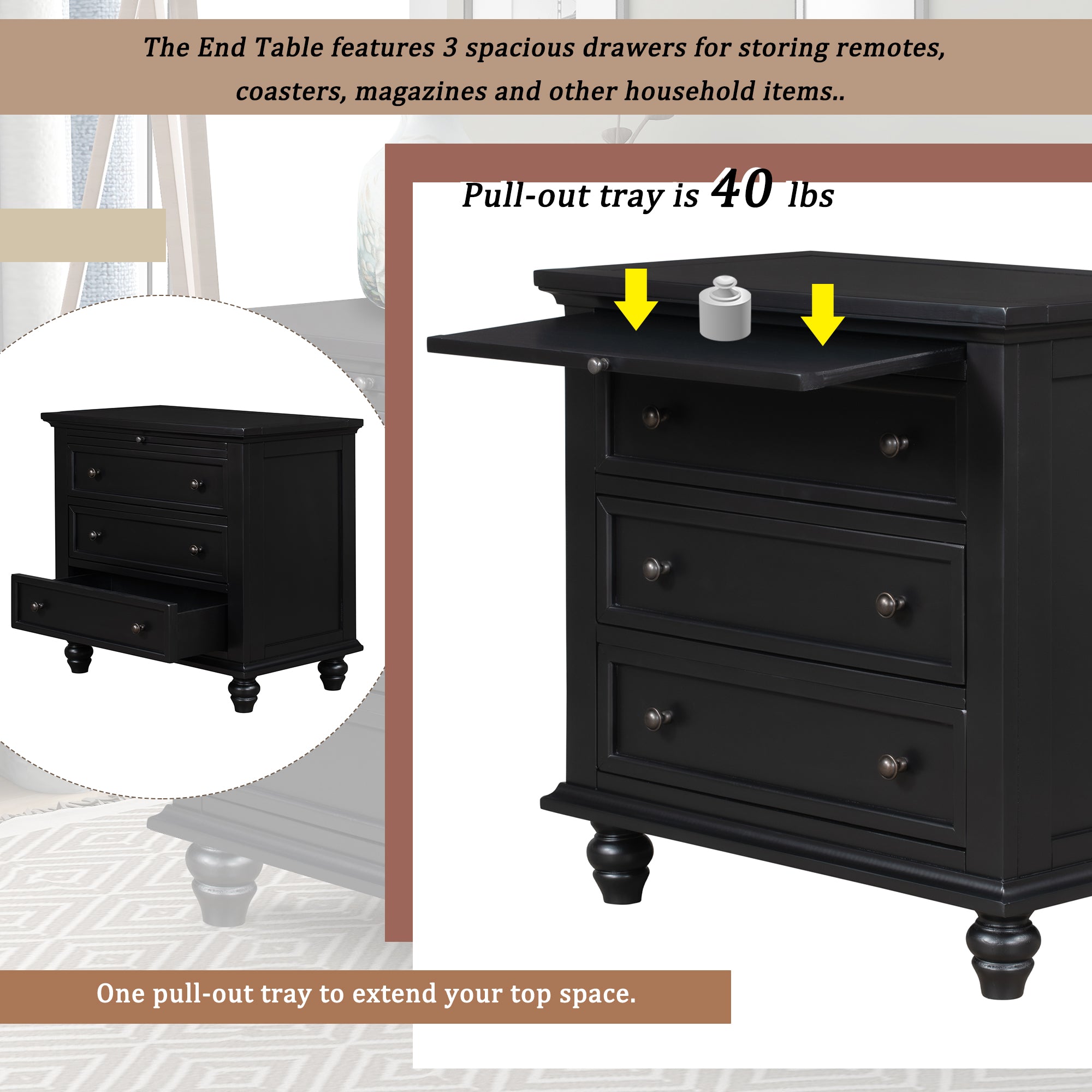 3-Drawer Nightstand with Pull-Out Tray – 27.6-Inch — [variant:N889P444139B] Black image 5