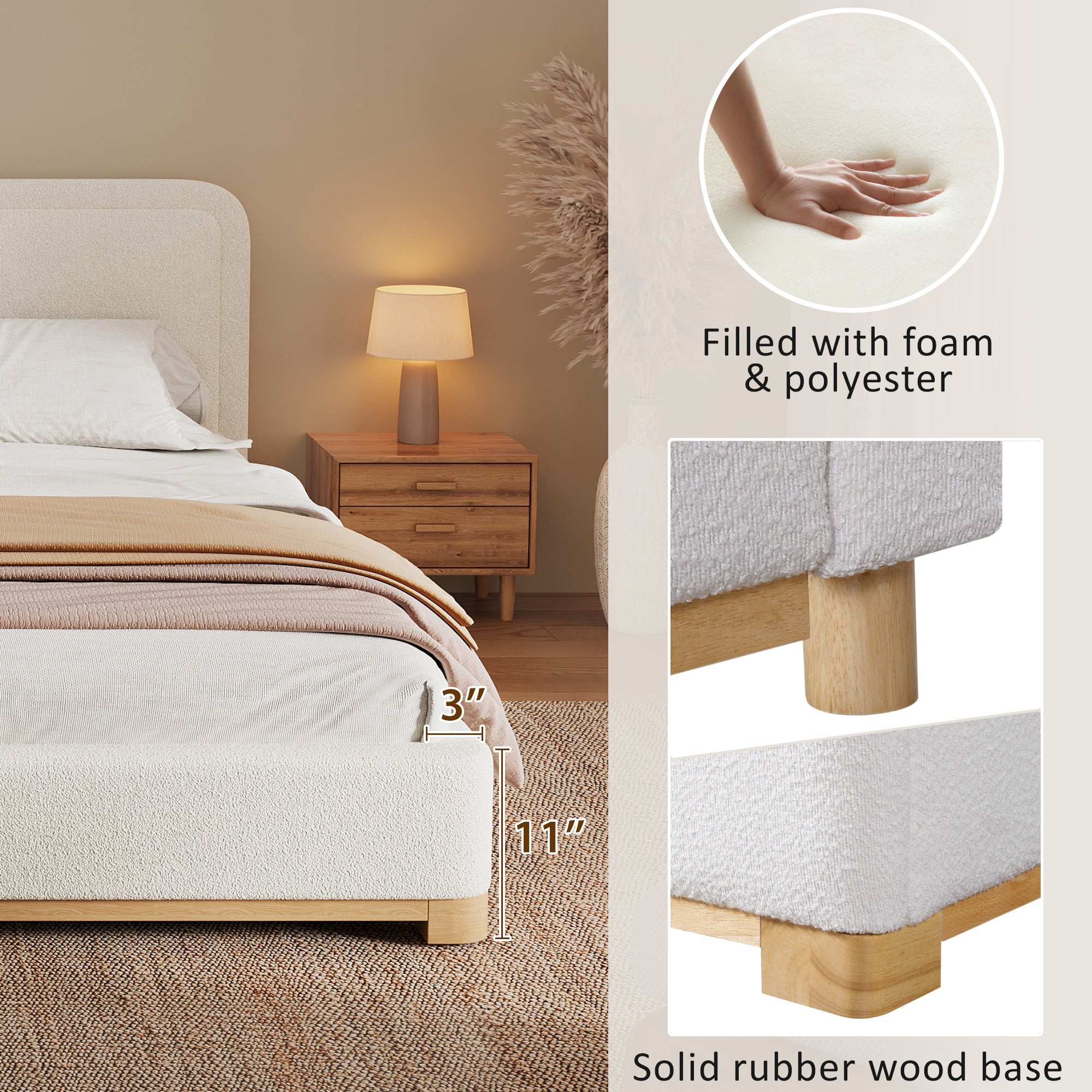 [variant:N859K000012W] King Bouclé Platform Bed with Curved Headboard – White image 6