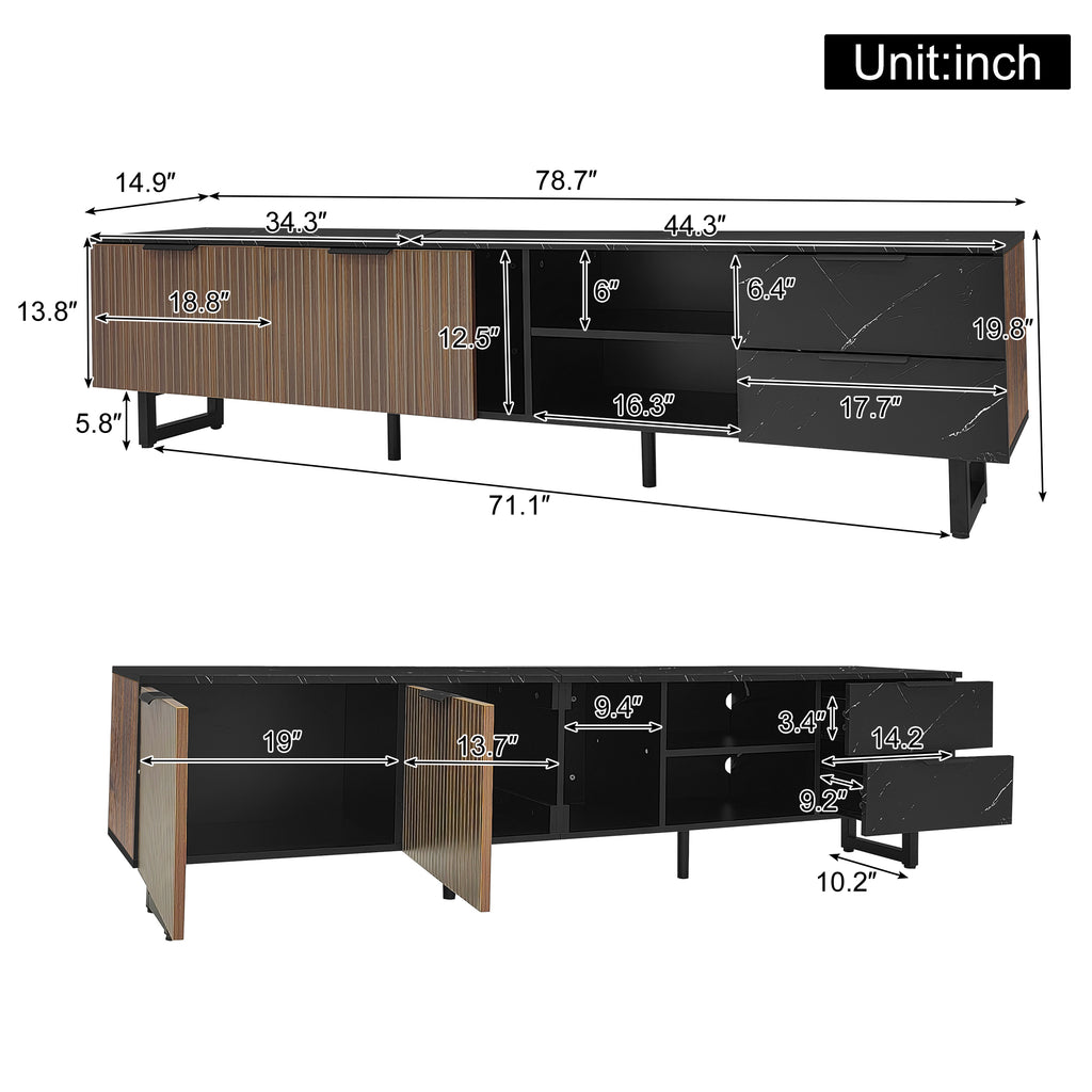 [variant:GA0010N] LED TV Stand with 2 Doors and 2 Drawers – Black Marble and Wood Grain image 12