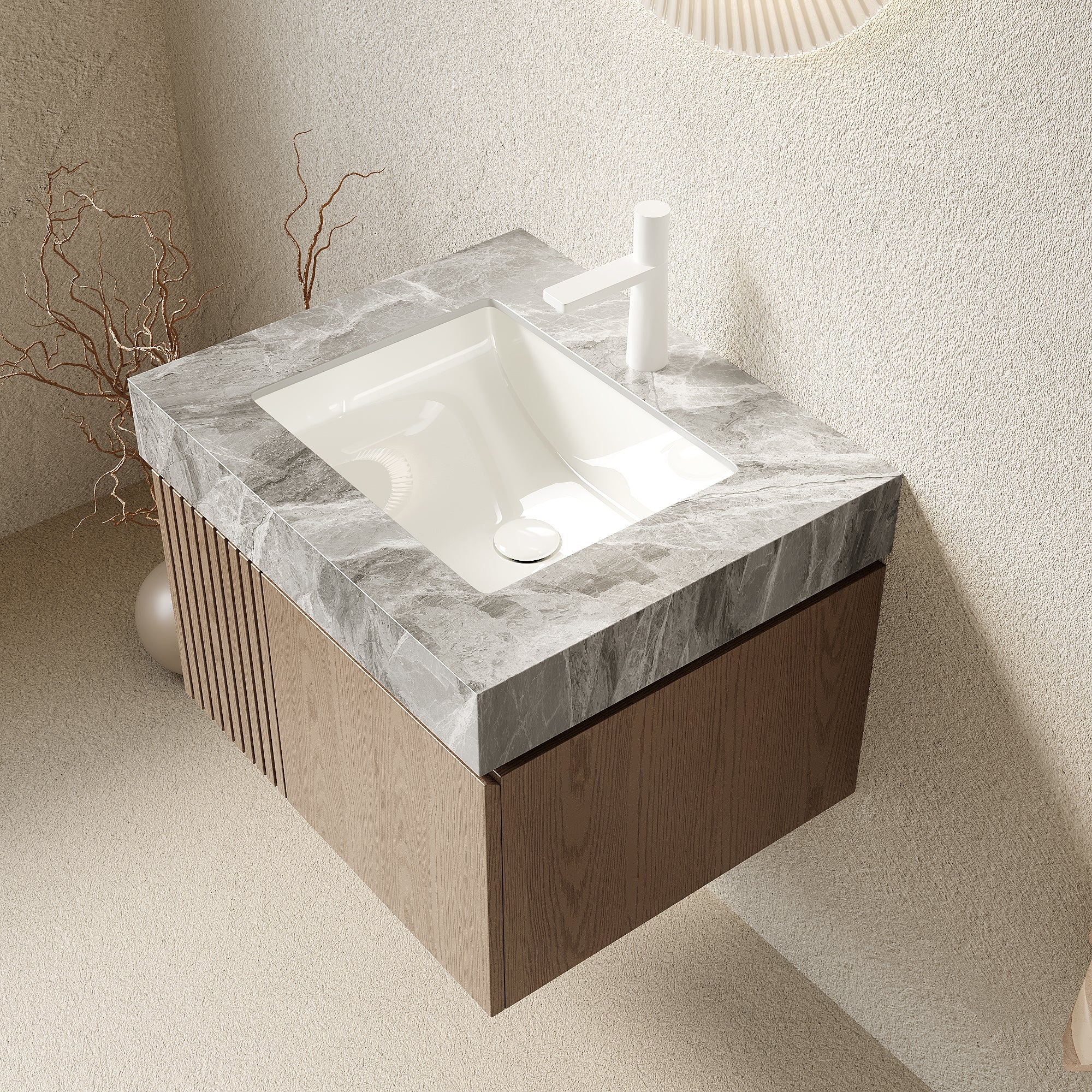 Wall-Mounted Bathroom Vanity with Sintered Stone Top – 24-Inch, 1-Hole — [variant:W6063S00044] Light Brown,Light Gray image 2