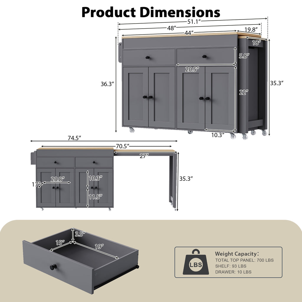 [variant:N853P386264G] Extendable Rolling Kitchen Island with Dining Table – Gray, 74.5-Inch image 25