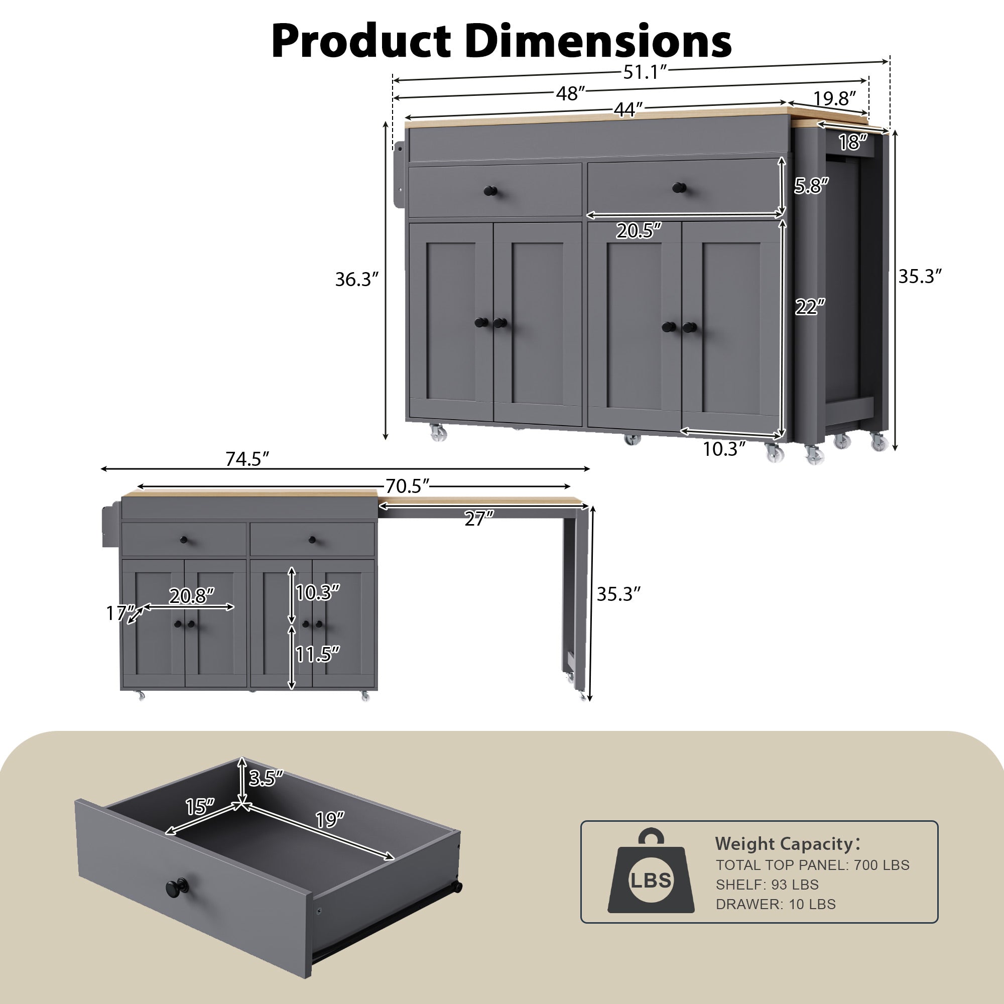 [variant:N853P386264G] Extendable Rolling Kitchen Island with Dining Table – Gray, 74.5-Inch image 25