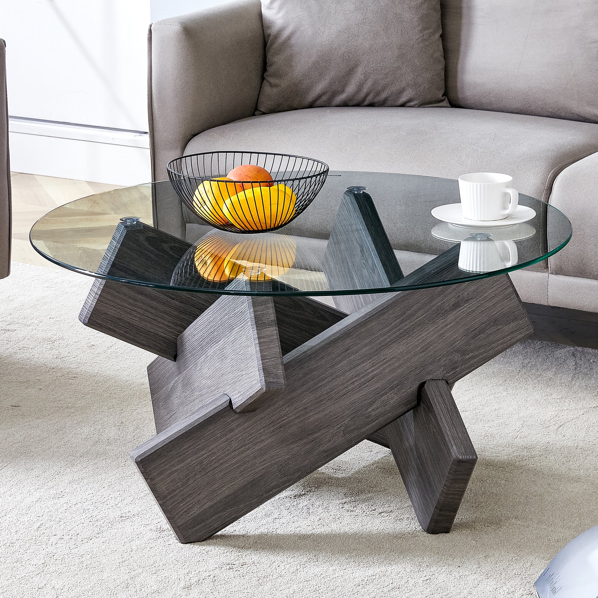 [variant:W3806P404748] Round Glass Coffee Table with Gray Patterned Base – 33.4-Inch image 5