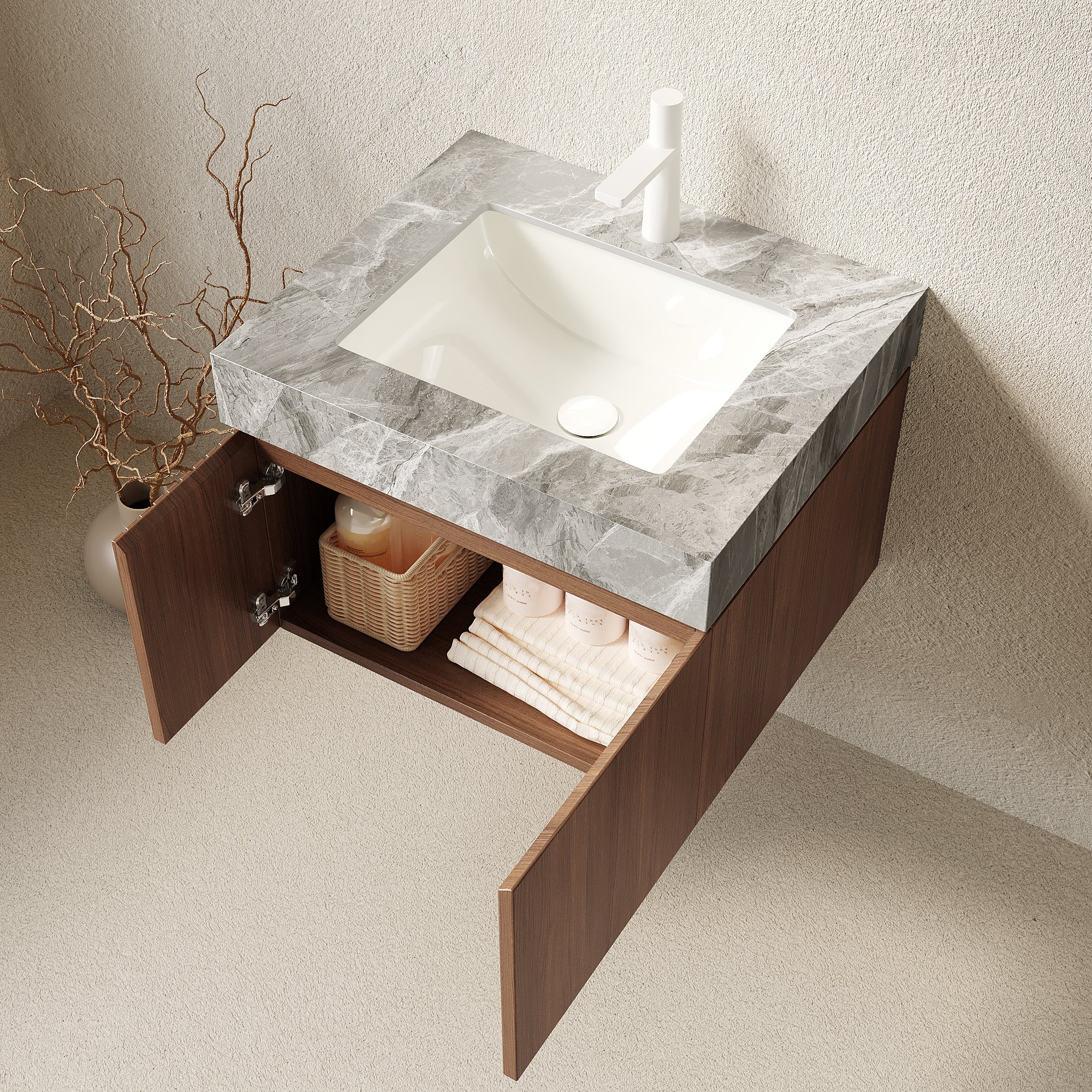 Floating Bathroom Vanity with Ceramic Sink – 24 or 30 Inch — [variant:W6063S00020] 24 in – Light Gray Top image 2