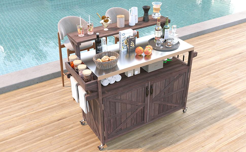 [variant:N853P386135Z] Outdoor Grill Cart with Raised Shelf – Dark Brown, 53.3-Inch image 7