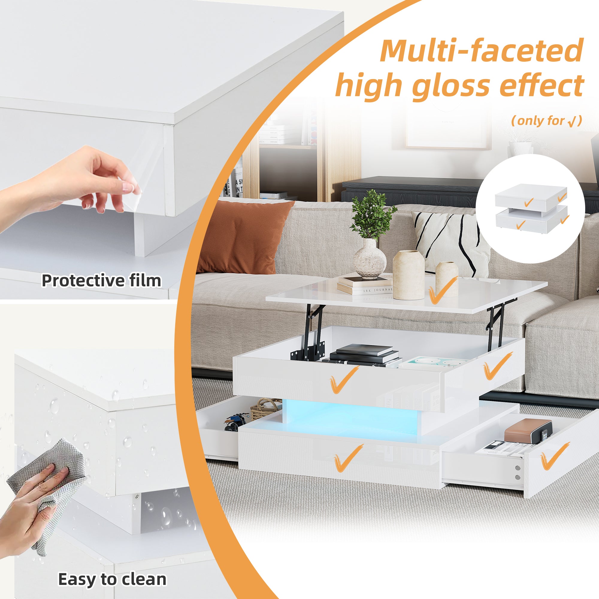 [variant:N892P407973W] White Lift-Top LED Coffee Table with 2 Drawers image 29