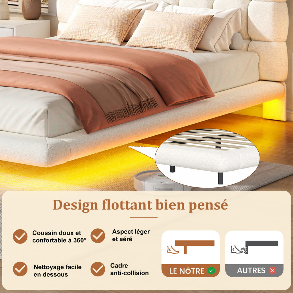 [variant:HS451577AAK] Queen LED Floating Bouclé Platform Bed – Cream White image 10
